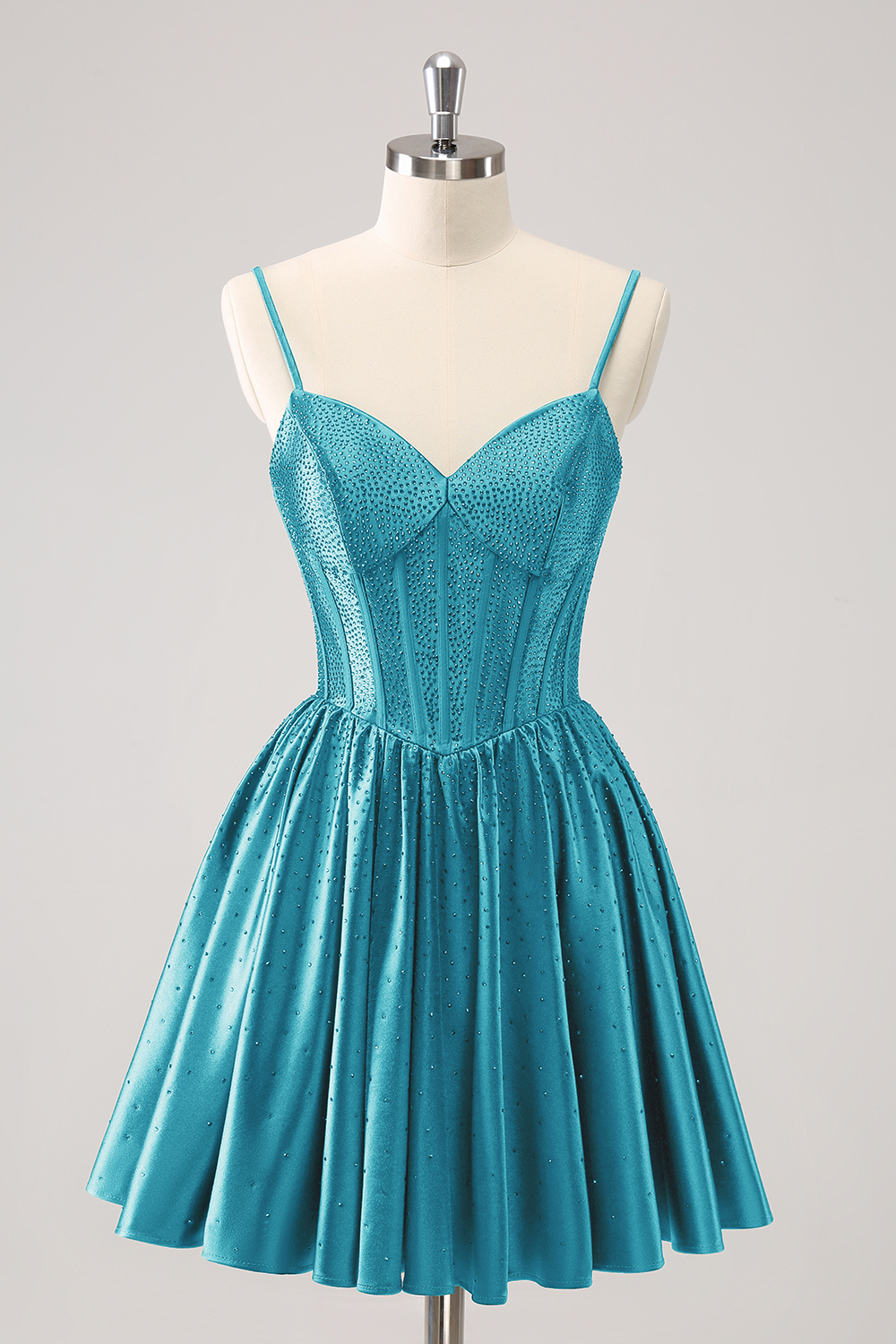 Dark Green Spaghetti Straps A-Line Satin Corset Homecoming Dress with Beading