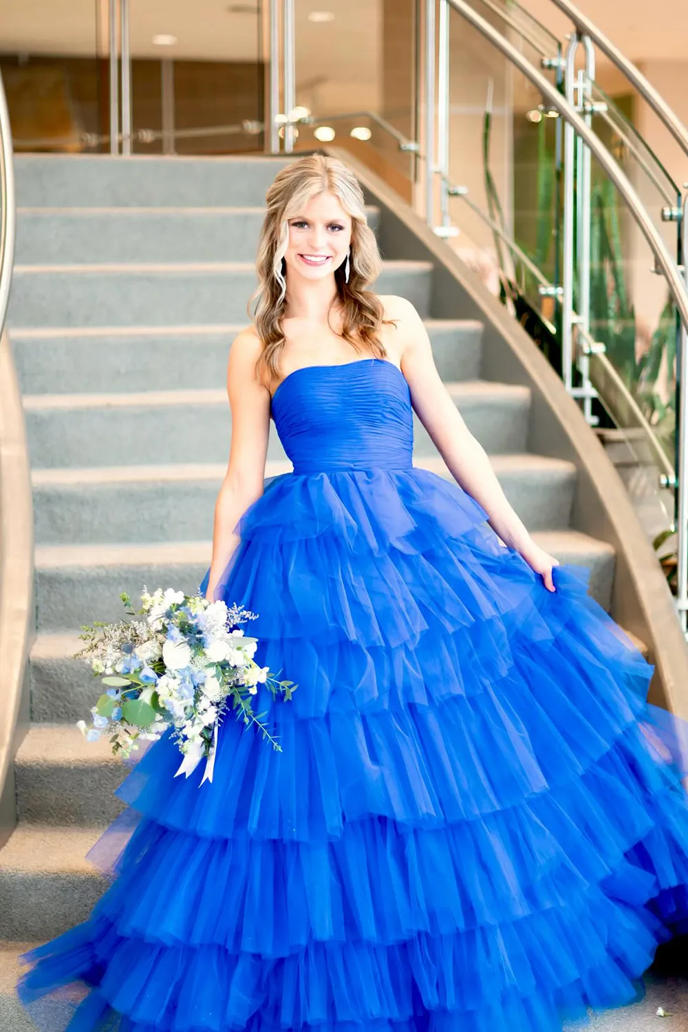A Line Straples Purple Long Prom Dress with Ruffles