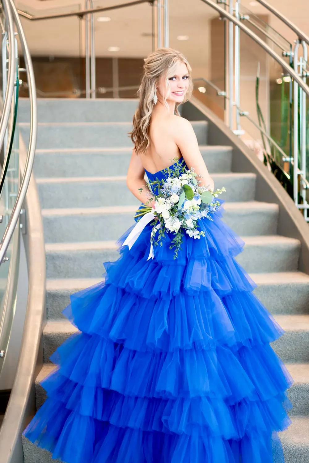 A Line Straples Purple Long Prom Dress with Ruffles