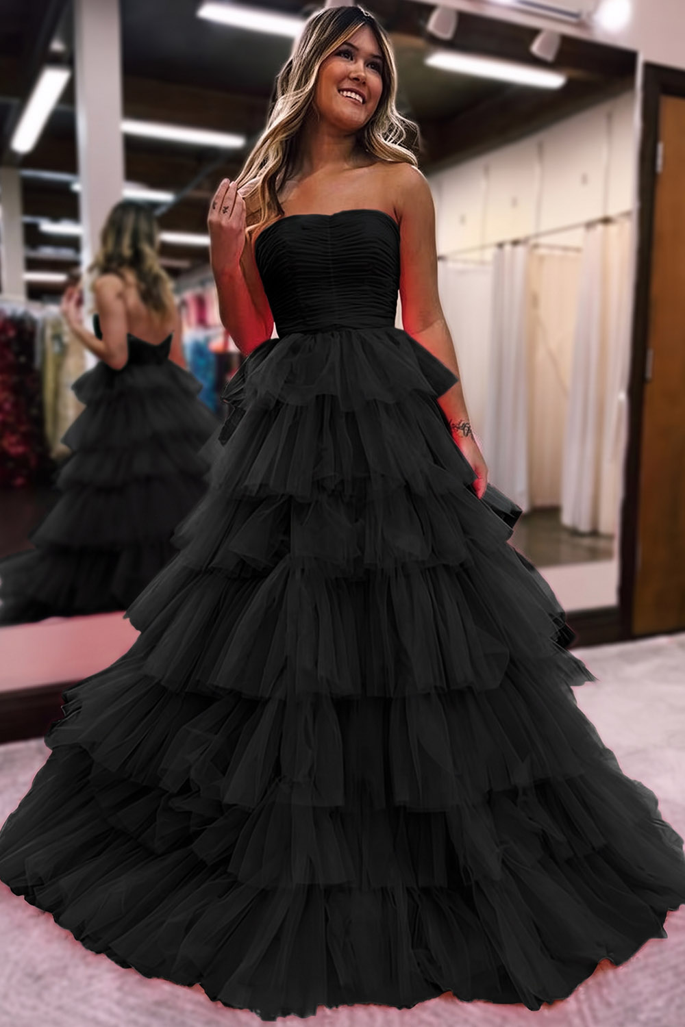 A Line Straples Purple Long Prom Dress with Ruffles
