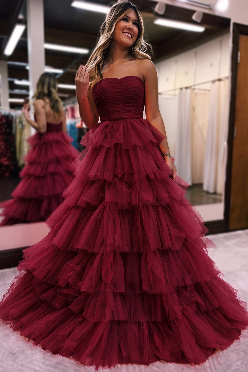 A Line Straples Purple Long Prom Dress with Ruffles