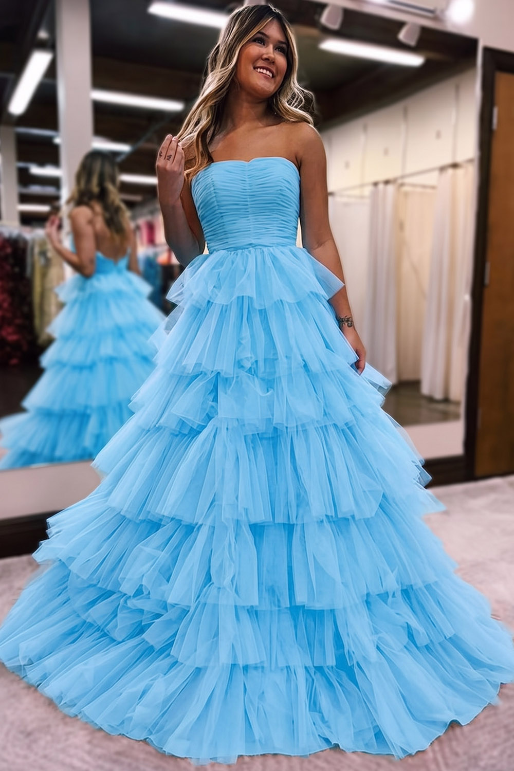 A Line Straples Purple Long Prom Dress with Ruffles