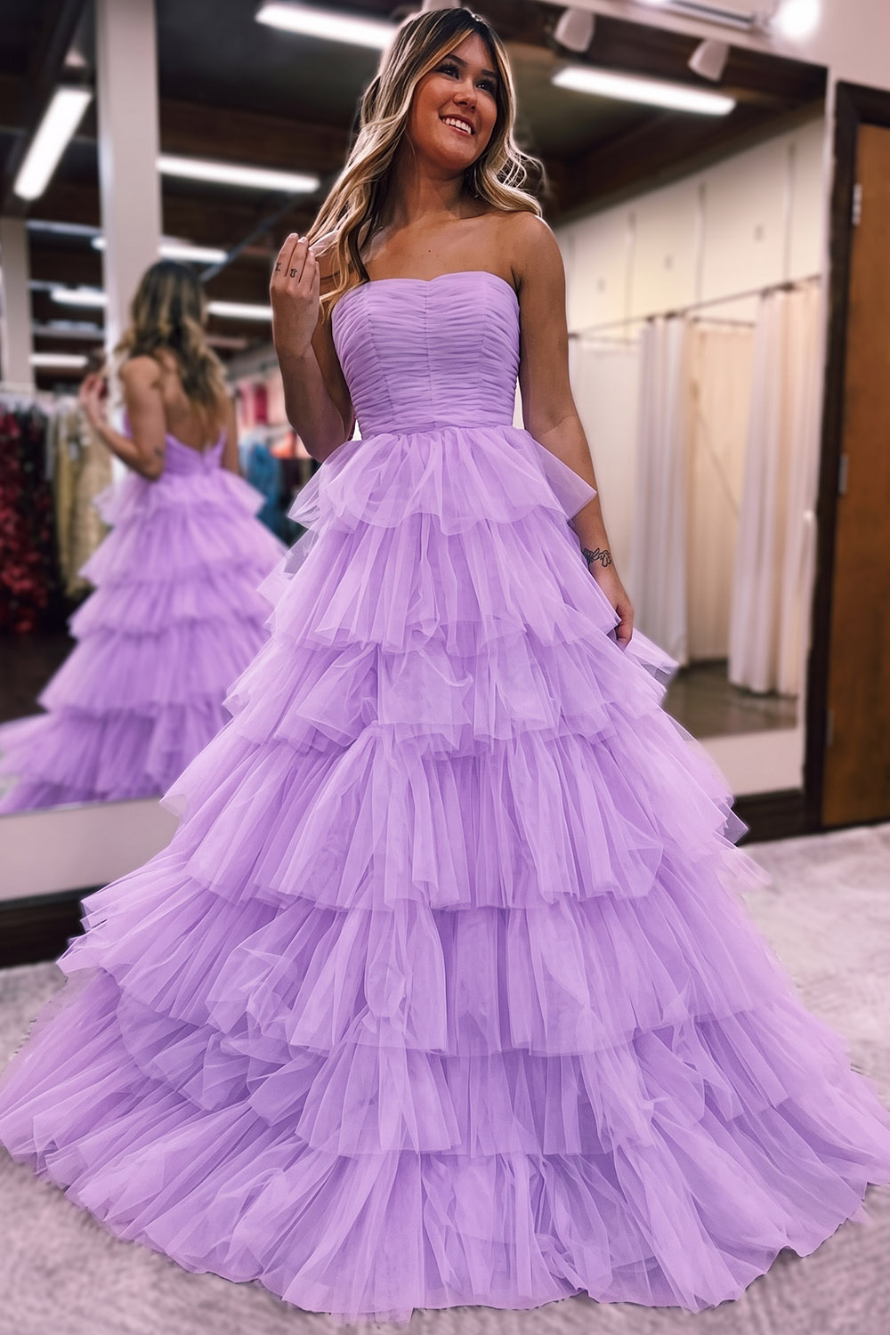A Line Straples Purple Long Prom Dress with Ruffles