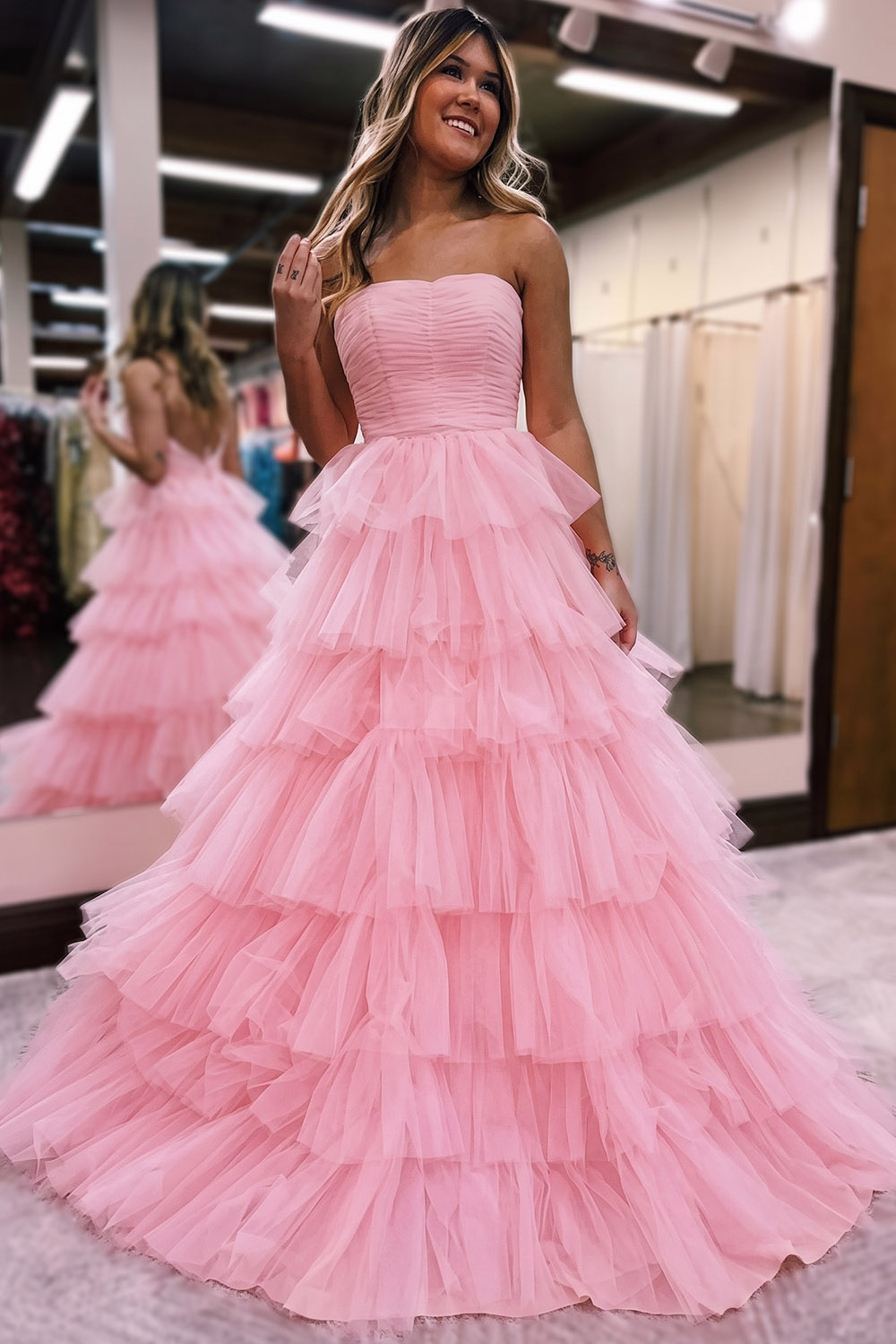 A Line Straples Purple Long Prom Dress with Ruffles
