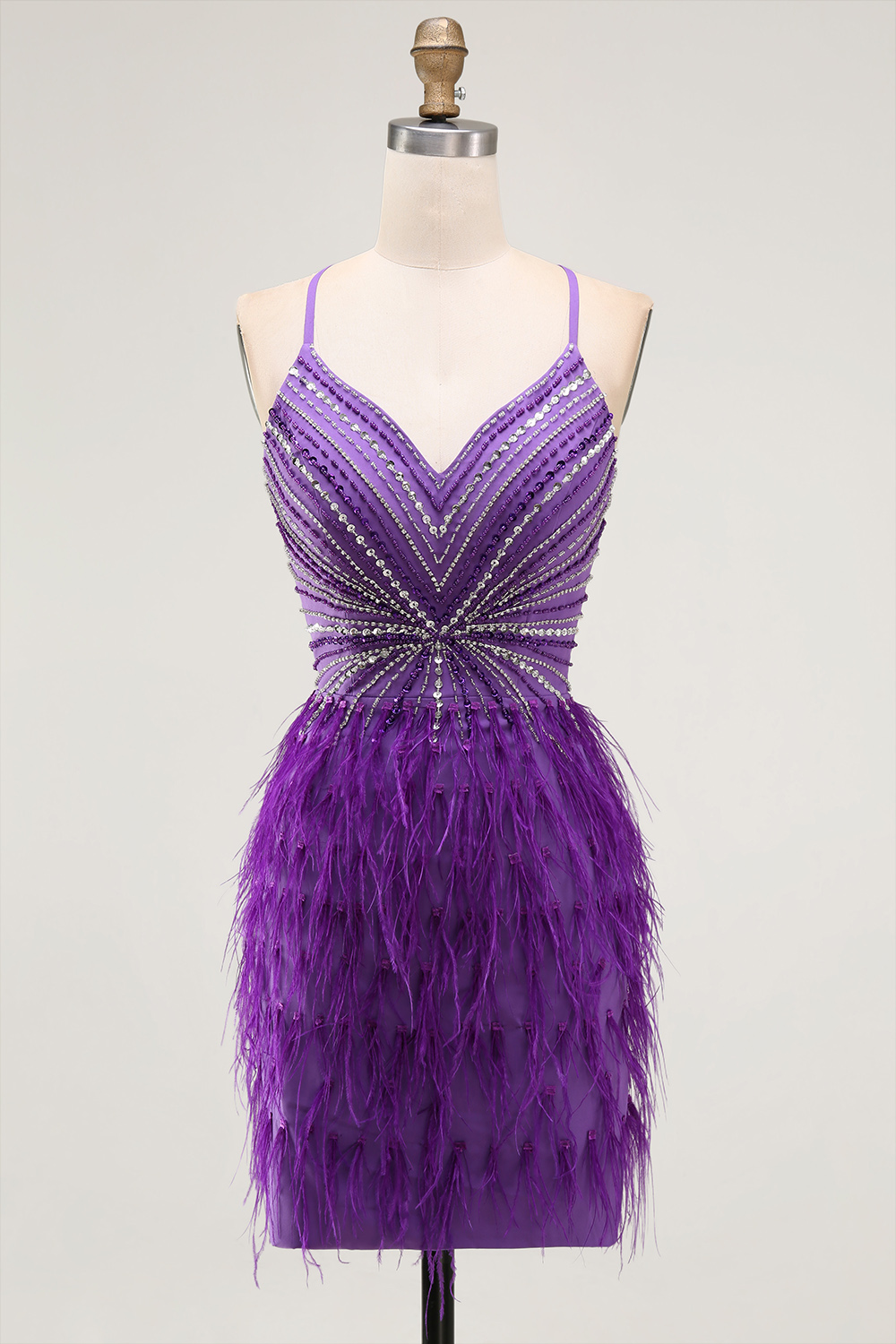 Bodycon Spaghetti Straps Purple Short Homecoming Dress with Beading Feather
