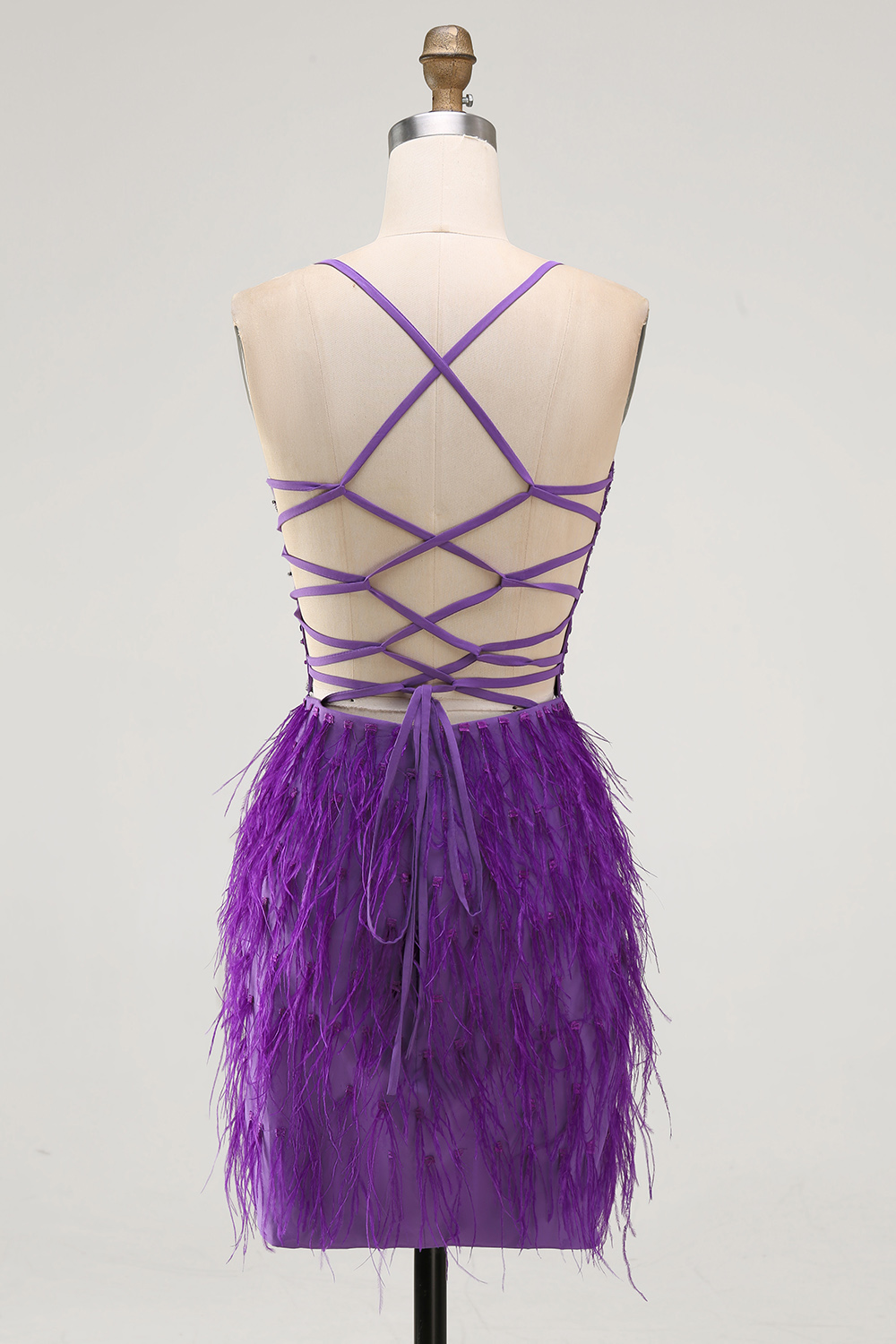 Bodycon Spaghetti Straps Purple Short Homecoming Dress with Beading Feather