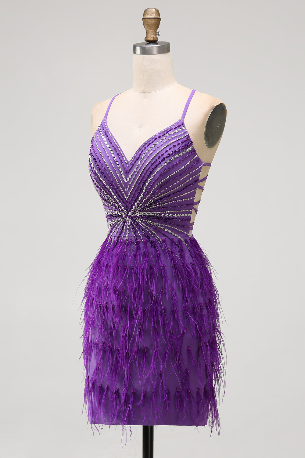 Bodycon Spaghetti Straps Purple Short Homecoming Dress with Beading Feather
