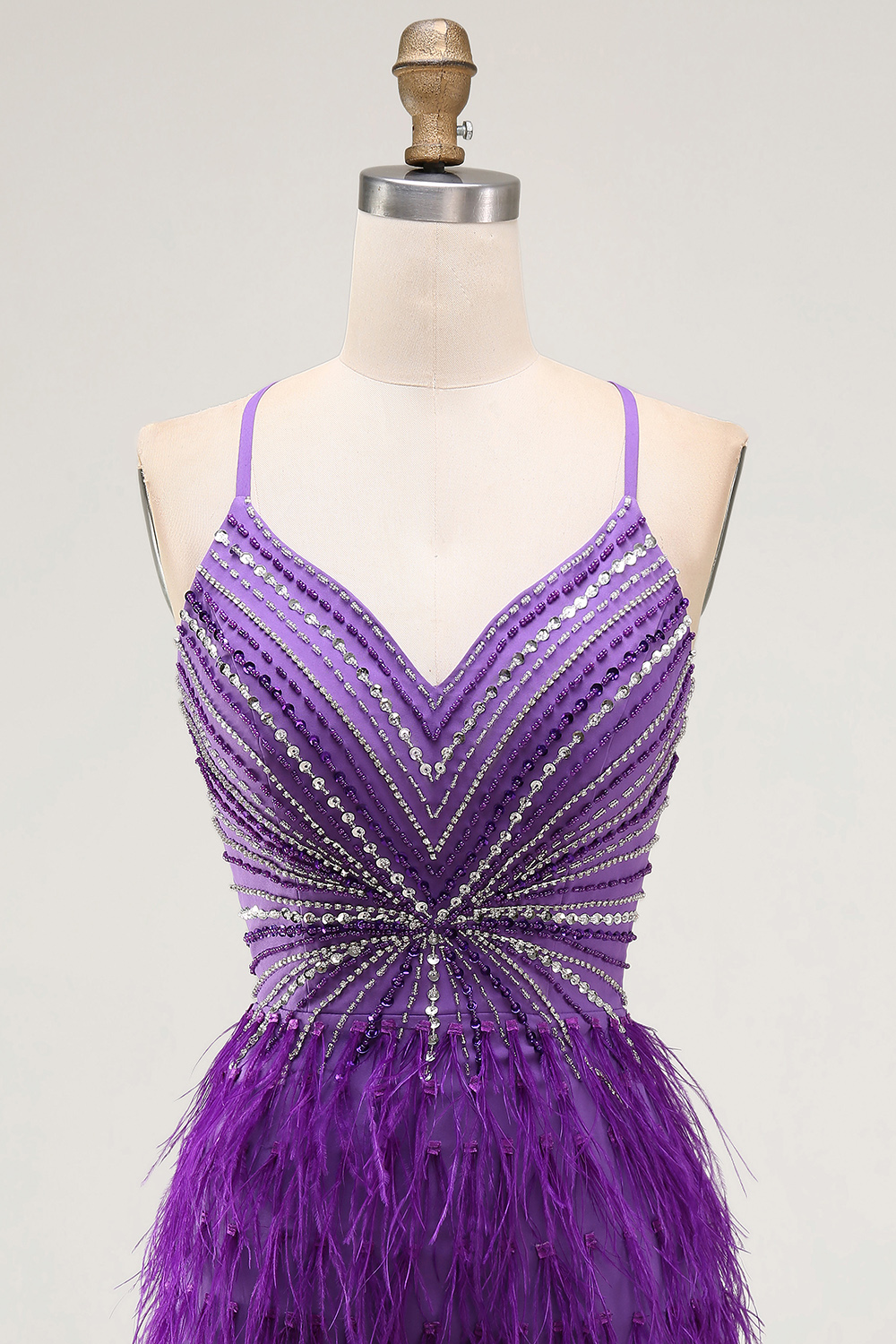 Bodycon Spaghetti Straps Purple Short Homecoming Dress with Beading Feather