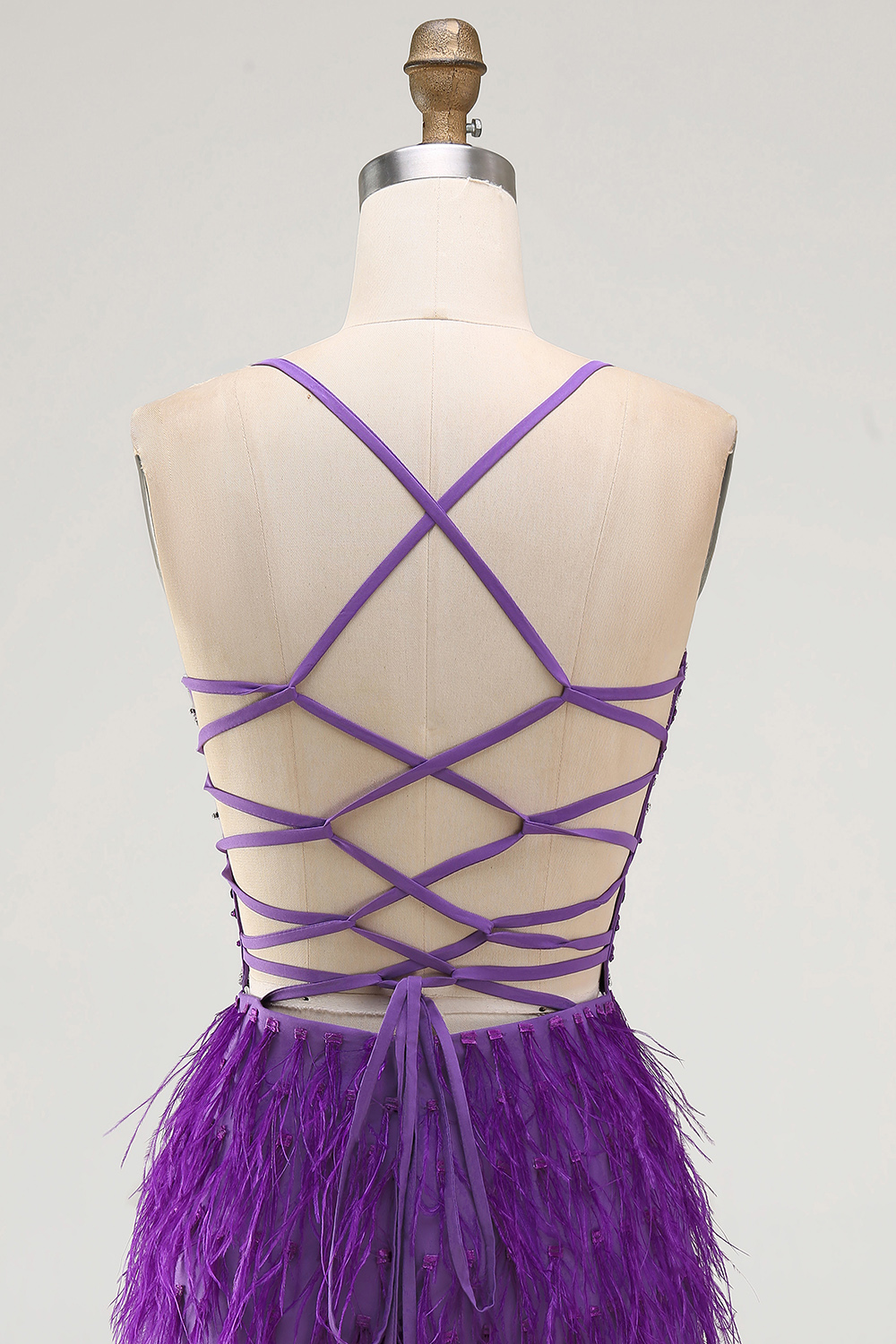 Bodycon Spaghetti Straps Purple Short Homecoming Dress with Beading Feather
