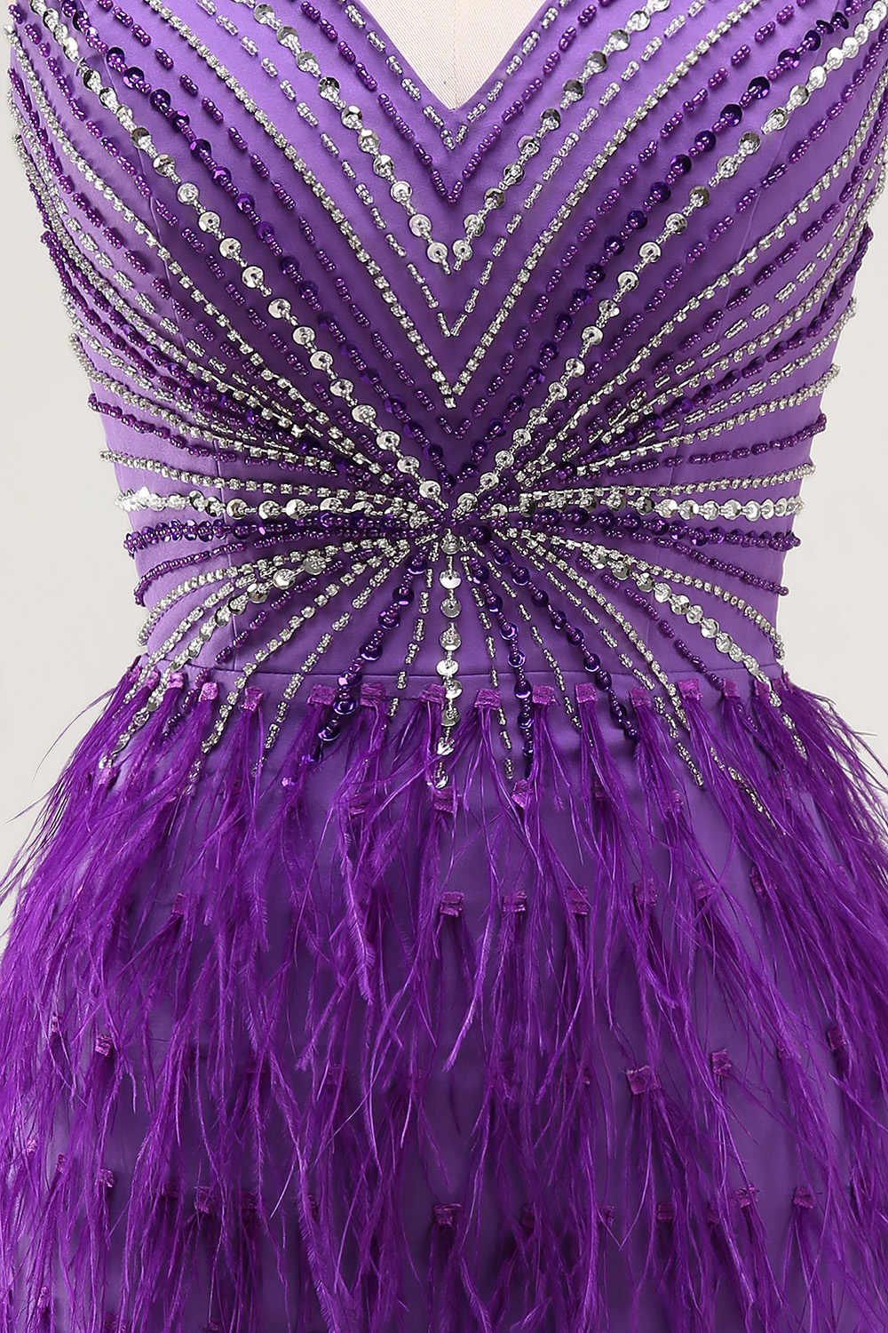 Bodycon Spaghetti Straps Purple Short Homecoming Dress with Beading Feather