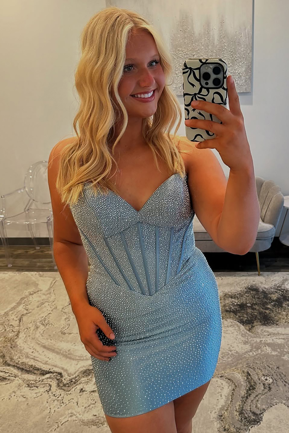 Sparkly Spaghetti Straps Navy Bodycon Corset Homecoming Dress with Beading