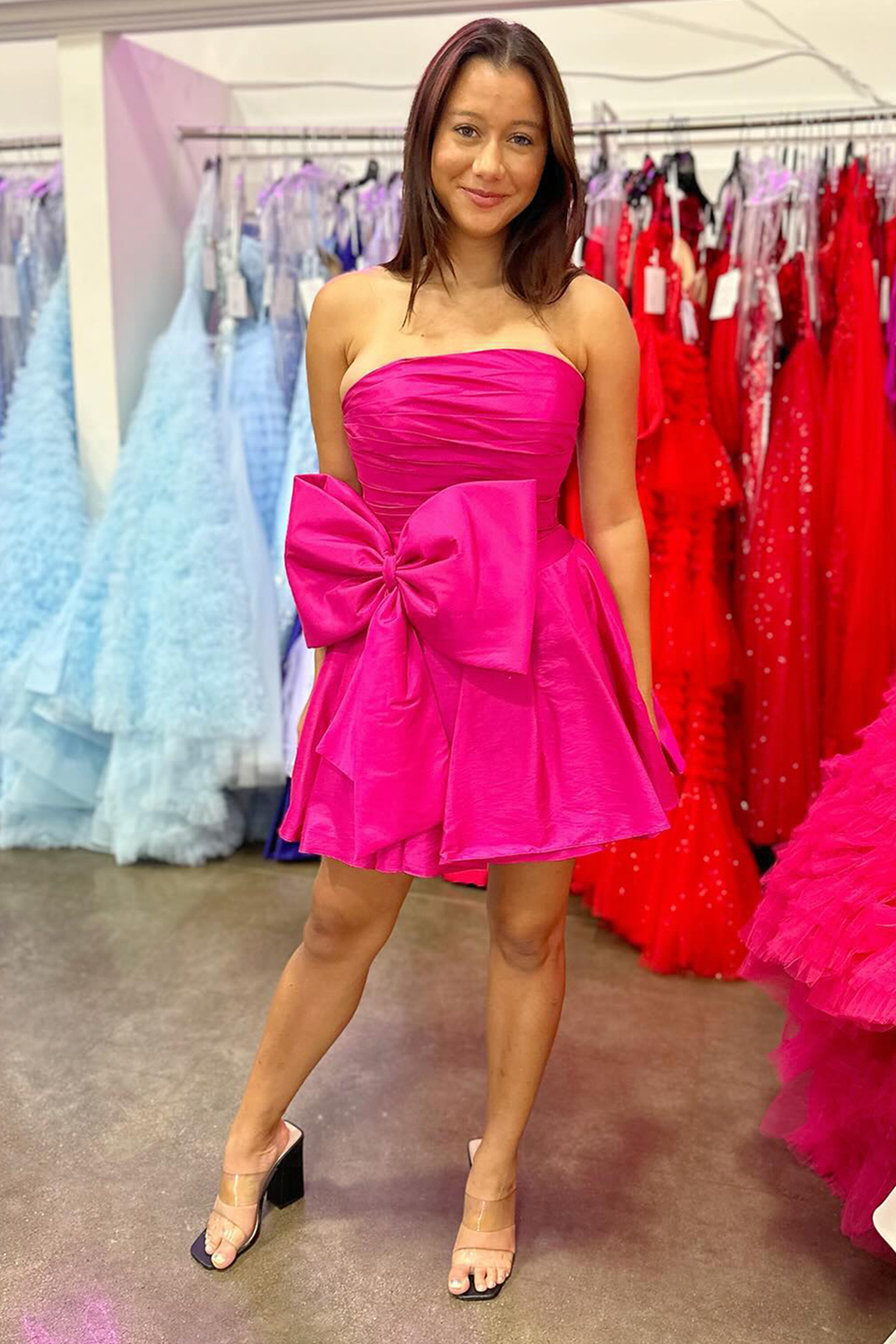 Red Strapless Bodycon Ruched Short Homecoming Dress with Bow