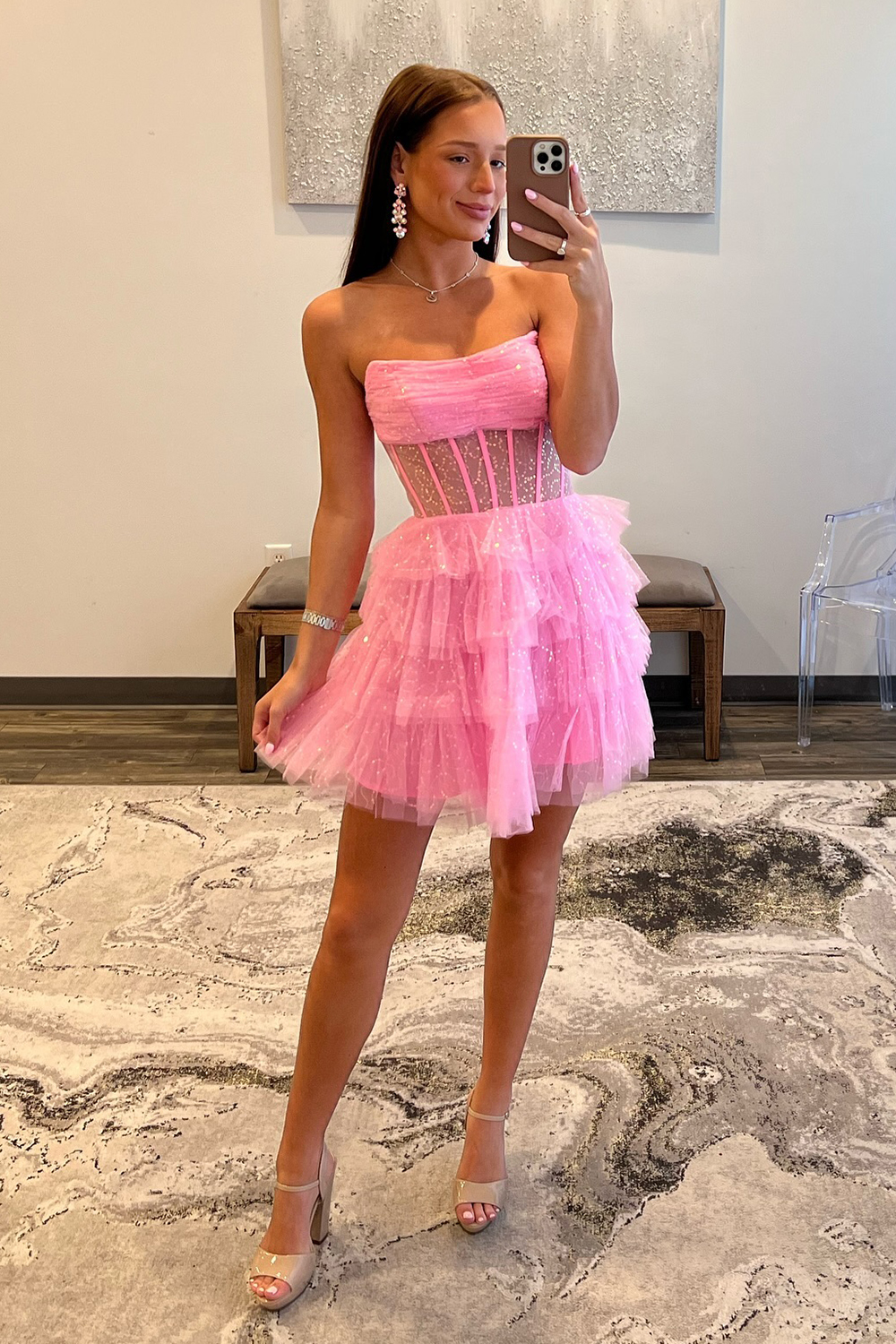 Pink Strapless Tulle A Line Tiered Corset Homecoming Dress with Sequins