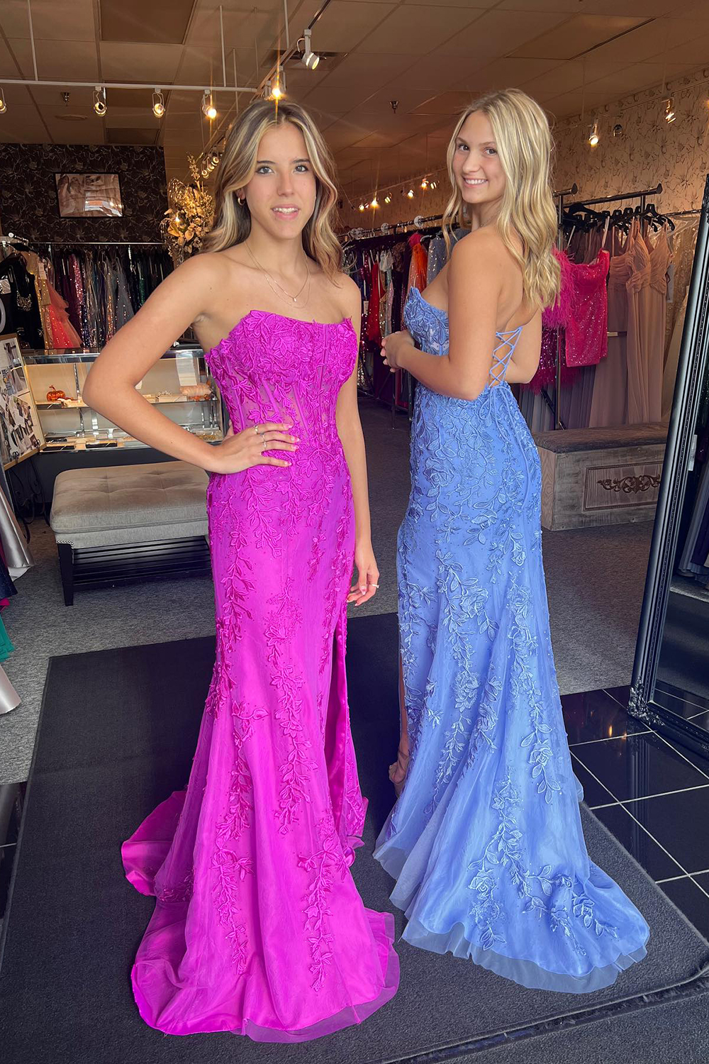 Fuchsia Strapless Applique Tulle Mermaid Long Corset Prom Dress with Slit