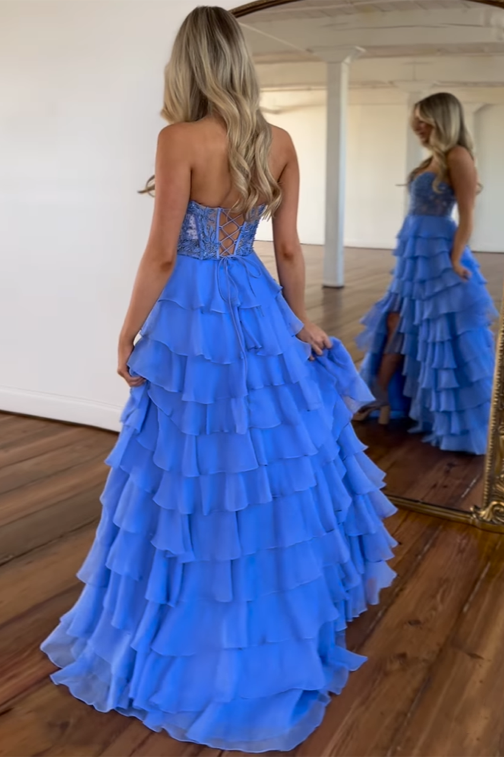A Line Sweetheart Light Blue Long Tiered Chiffon Prom Dress with Appliques