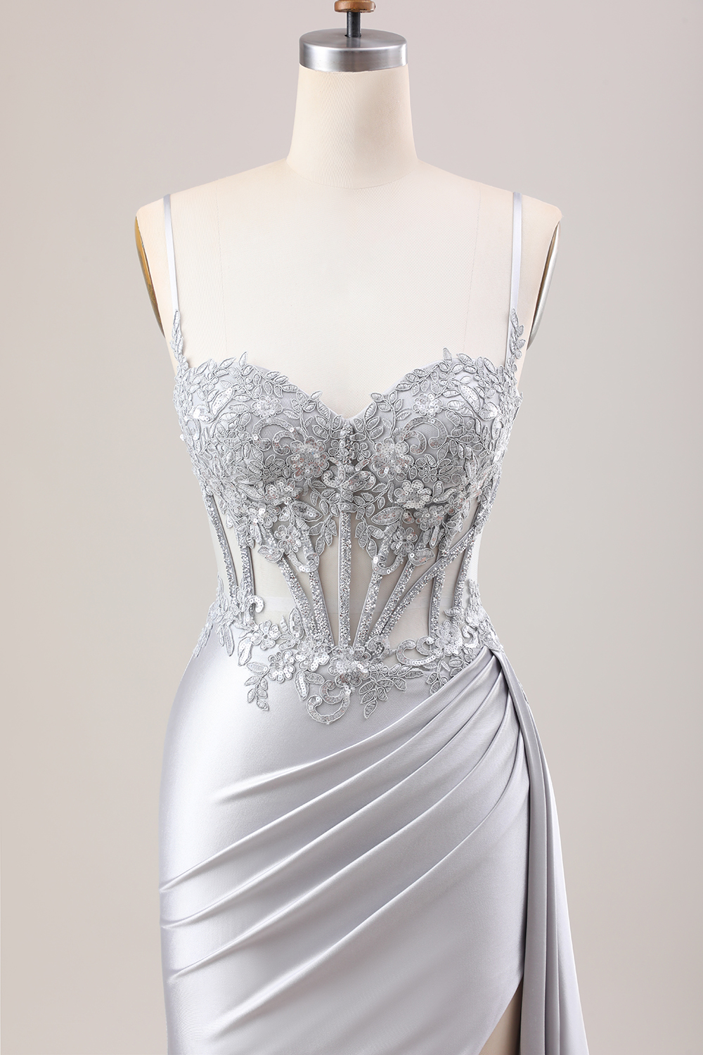 [Copy]Tredny Mermaid Spaghetti Straps Silver Corset Prom Dress with Appliques