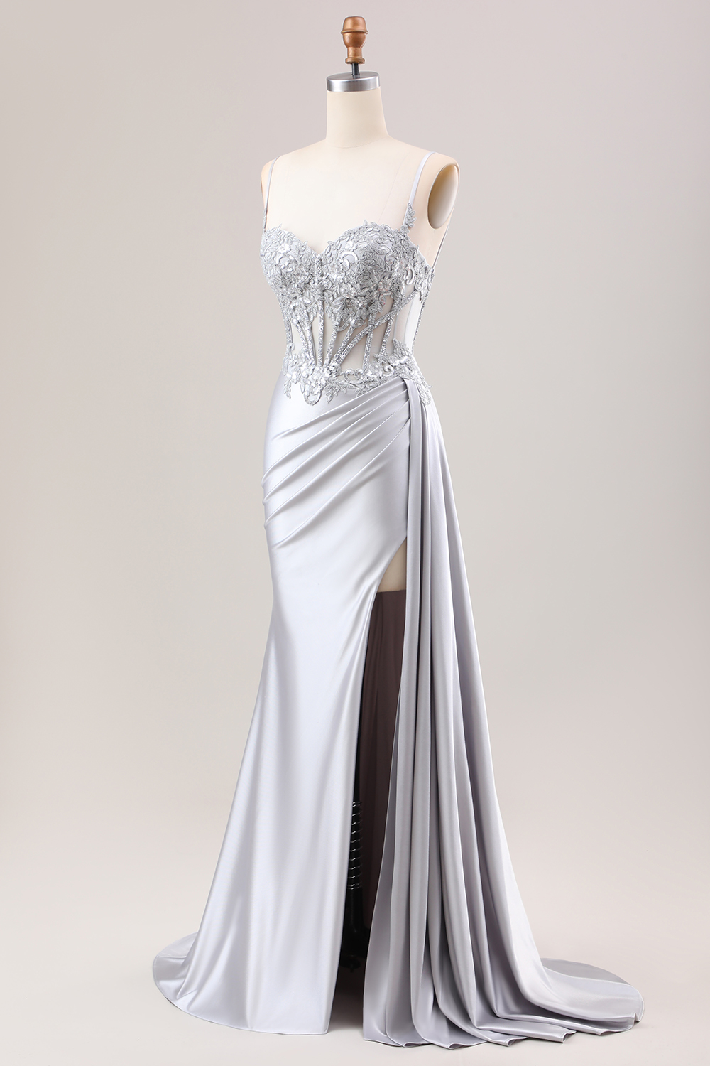 [Copy]Tredny Mermaid Spaghetti Straps Silver Corset Prom Dress with Appliques