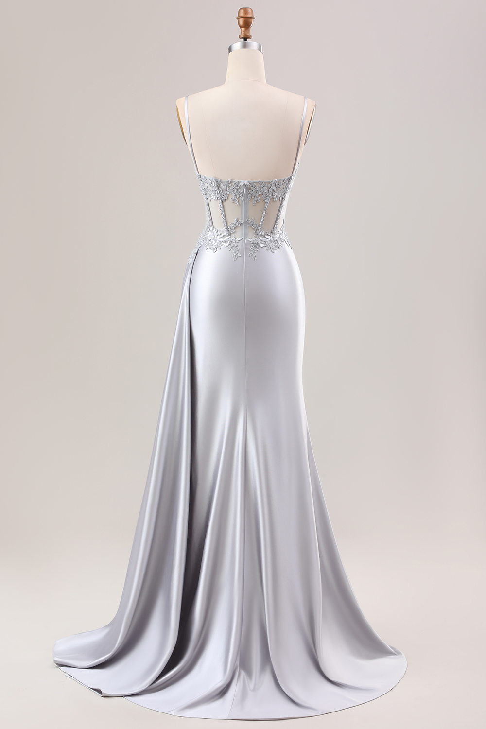 [Copy]Tredny Mermaid Spaghetti Straps Silver Corset Prom Dress with Appliques