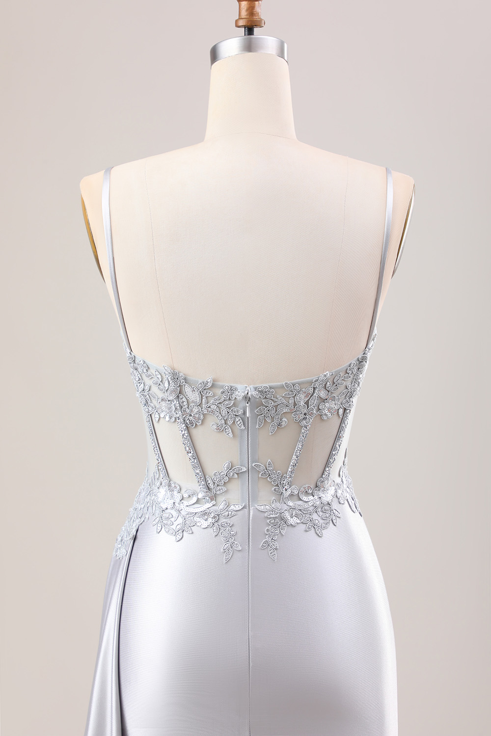 [Copy]Tredny Mermaid Spaghetti Straps Silver Corset Prom Dress with Appliques