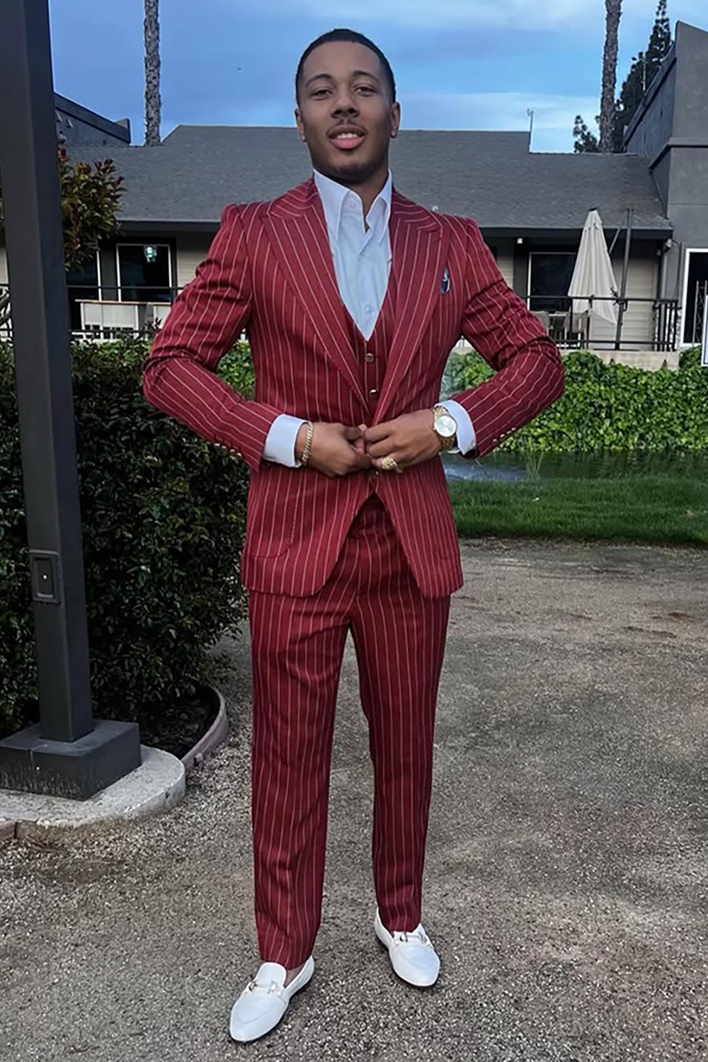 Dark Burgundy Striped 3 Piece Prom Homecoming Men's Suits