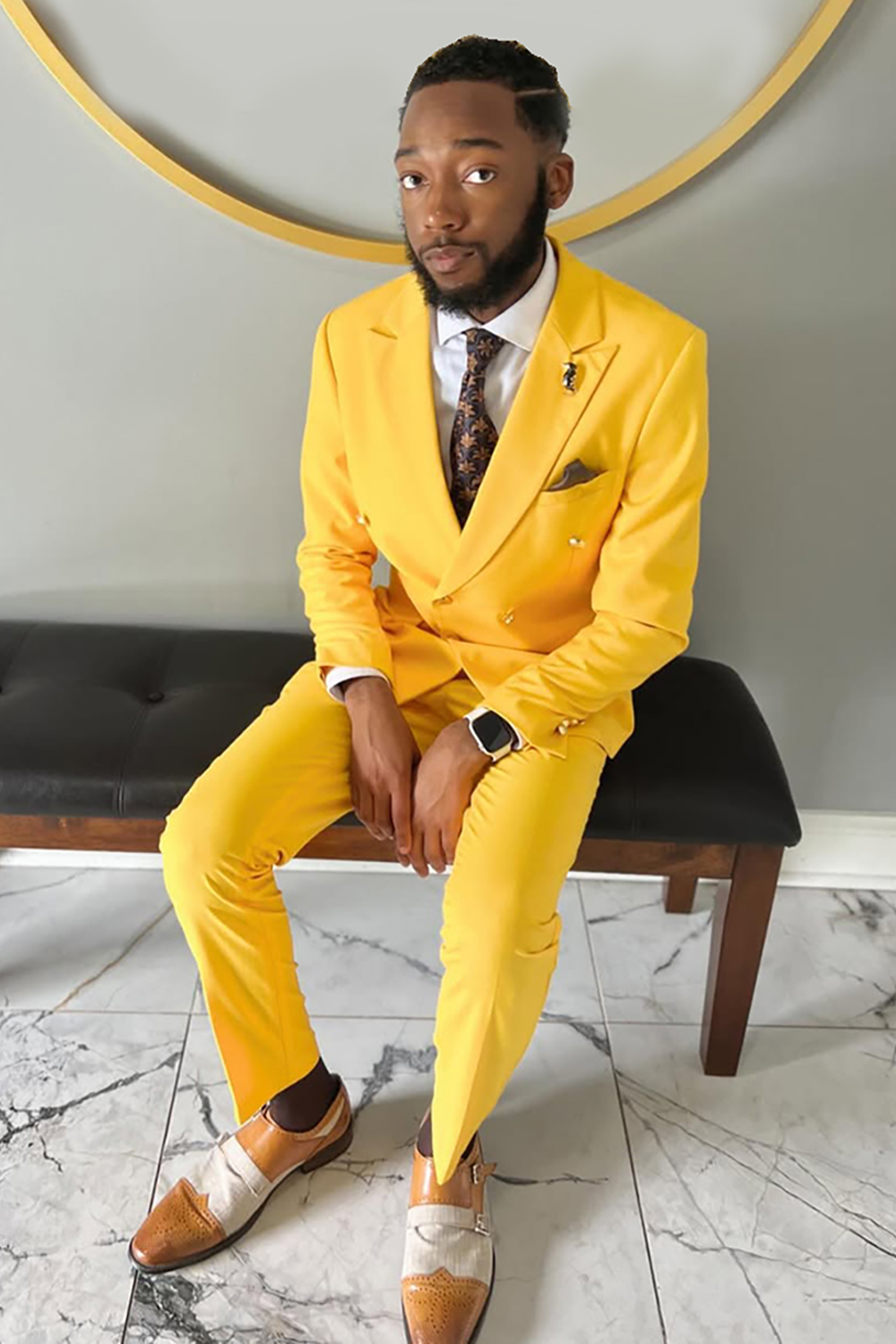 Yellow Peak Lapel 2 Piece Prom Homecoming Men's Suits with Pockets