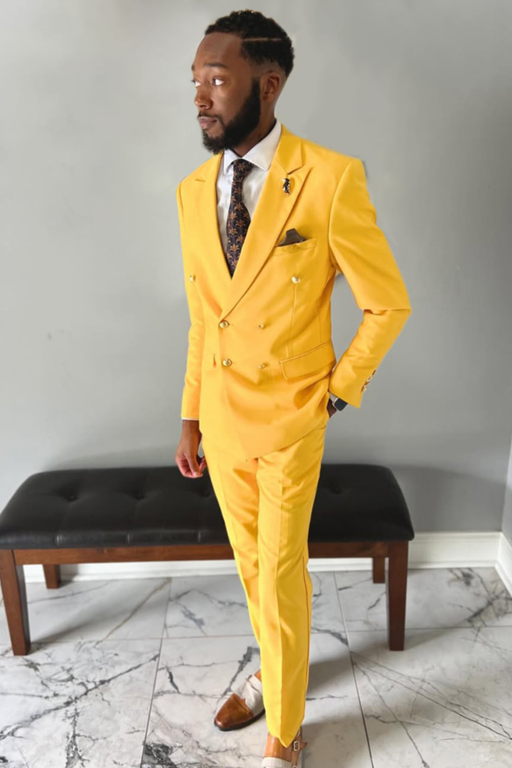 Yellow Peak Lapel 2 Piece Prom Homecoming Men's Suits with Pockets