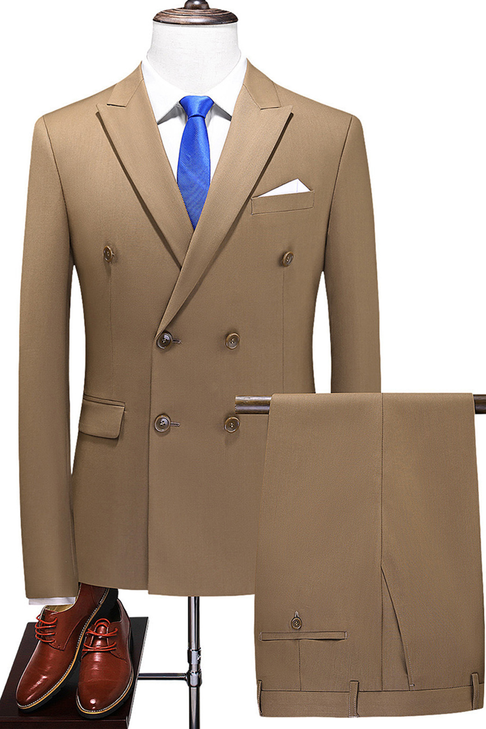 Khaki Peak Lapel Slim Fit 2 Piece Double Breasted Men's Prom Homecoming Suits