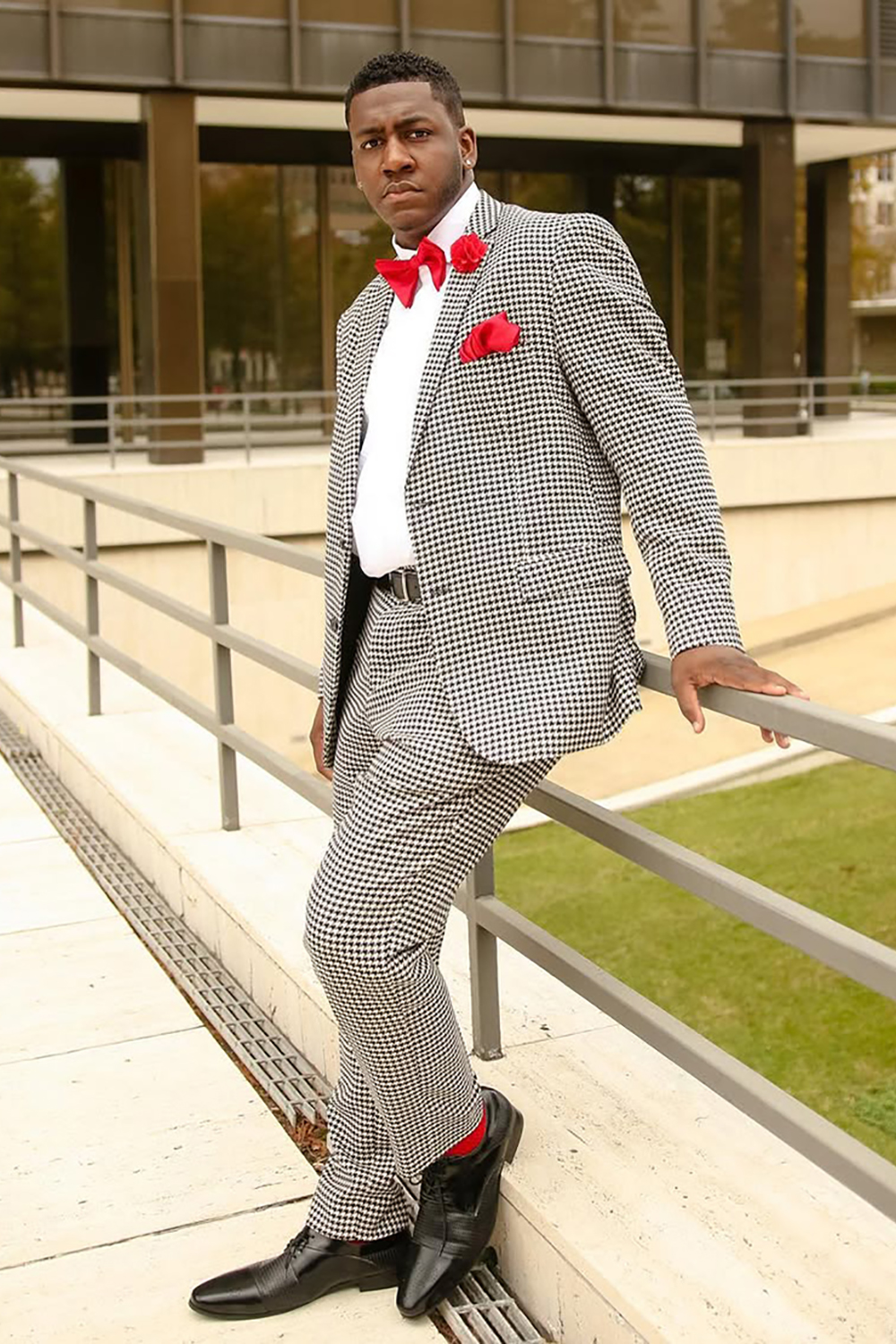 Grey Houndstooth Slim Fit Notched Lapel 2 Piece Men's Prom Homecoming Suits