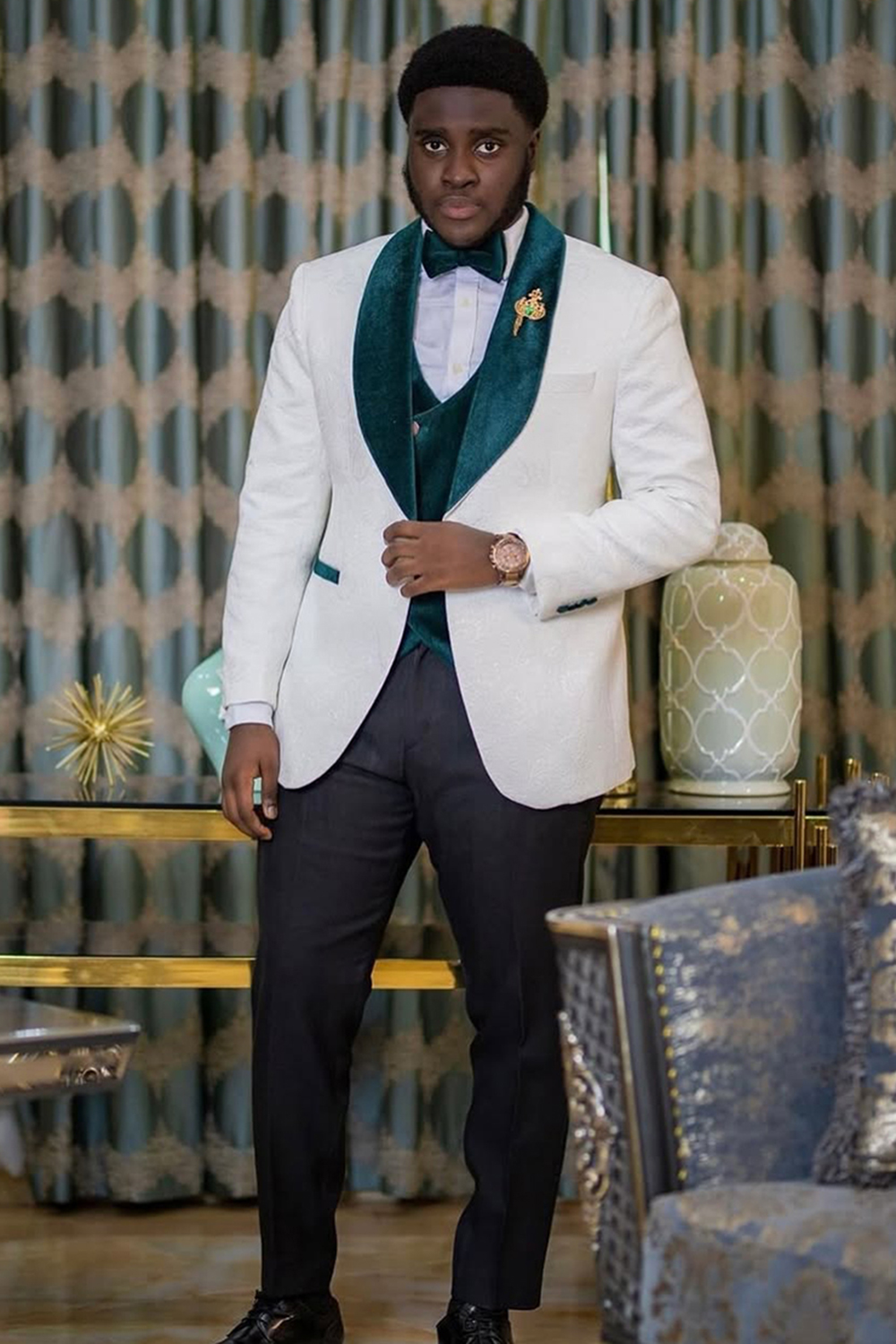 White and Green Slim Fit Shawl Lapel 3 Piece Men's Prom Homecoming Suits