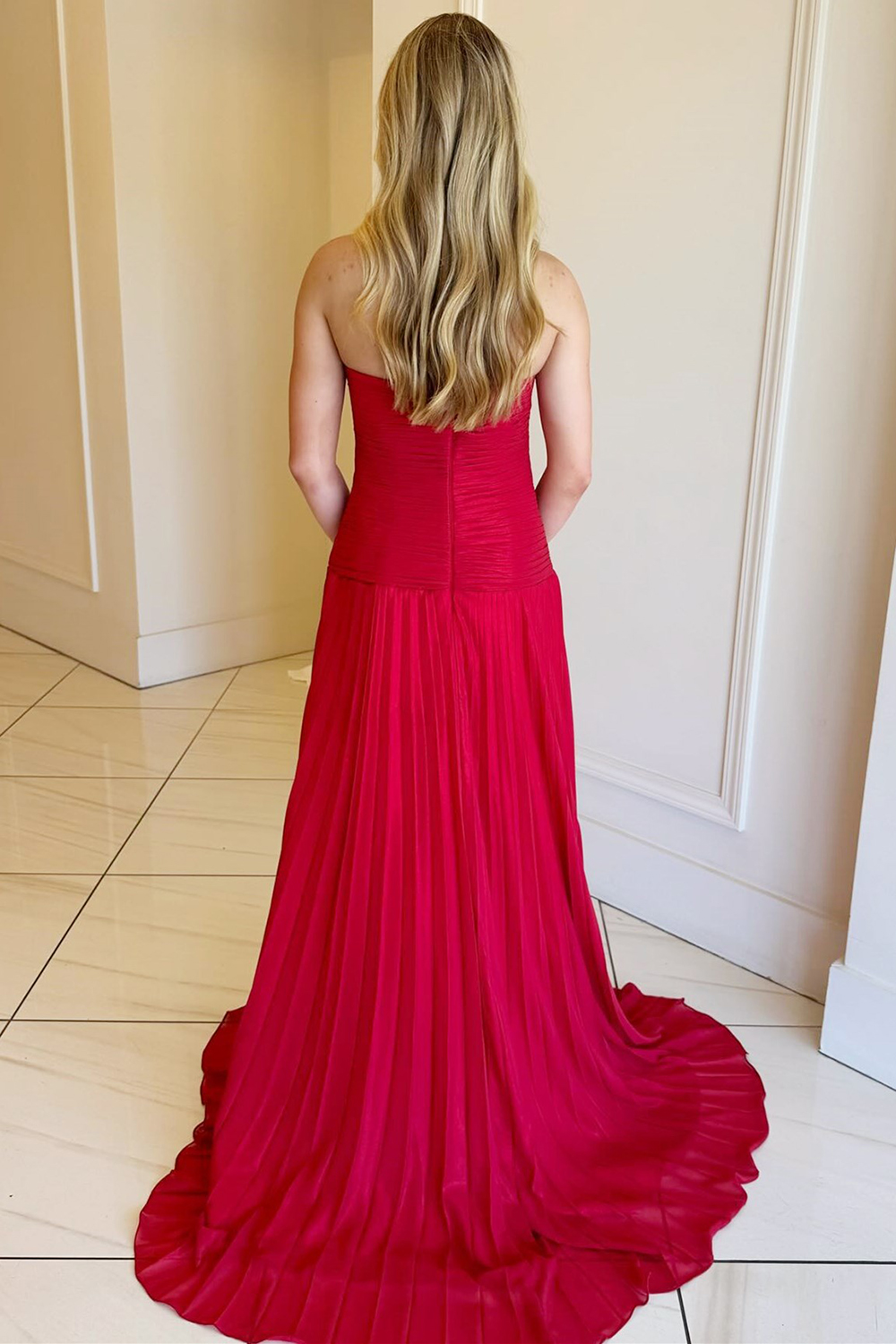 Fuchsia A-Line Sweetheart Pleated Long Prom Dress with Slit