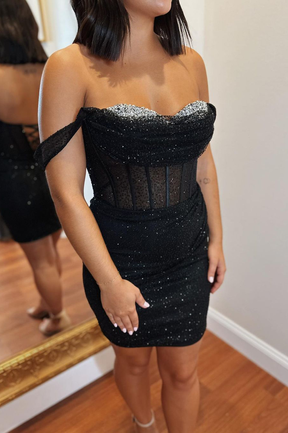 Glitter Black Off the Shoulder Ruched Sequins Short Corset Homecoming Dress 