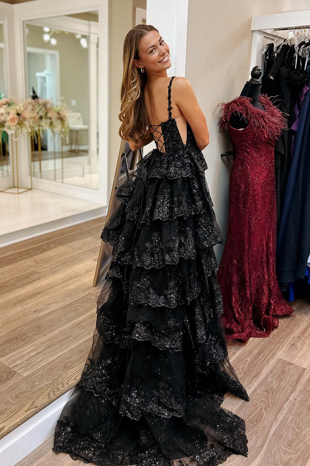 Sparkly Black Spaghetti Straps A-Line Sequins Tiered Long Corset Prom Dress with Slit