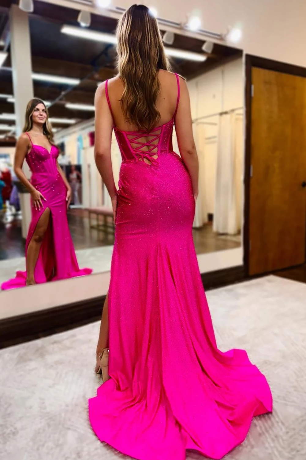 Sparkly Fuchsia Mermaid Spaghetti Straps Corset Prom Dress with Beading