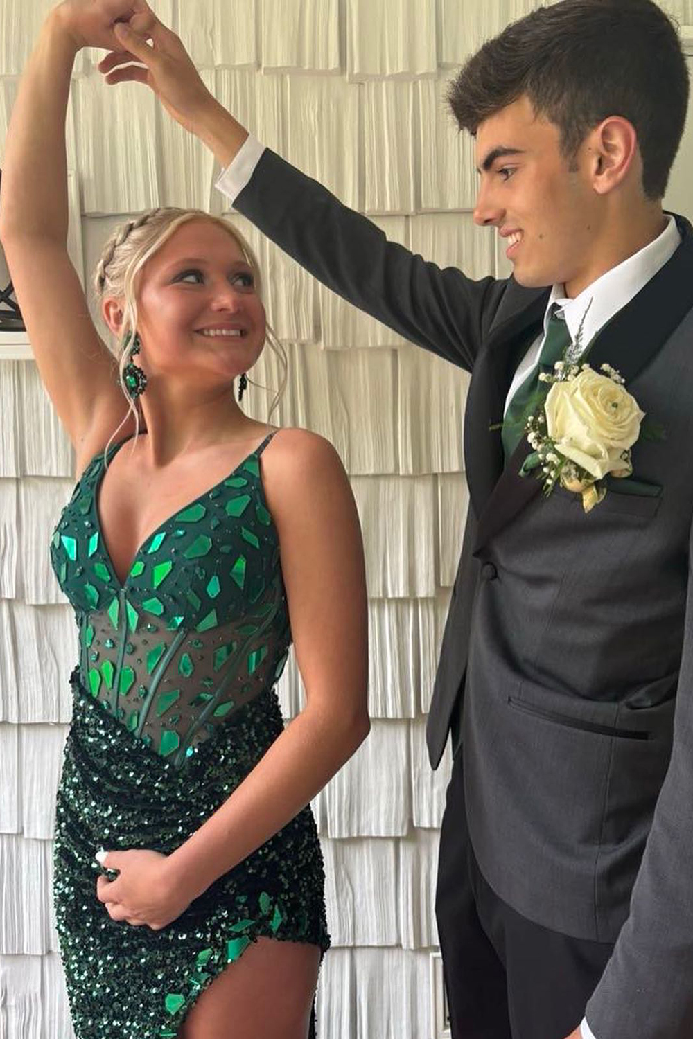 Emerald Green Mermaid Sequins Spaghetti Straps Long Corset Prom Dress with Slit