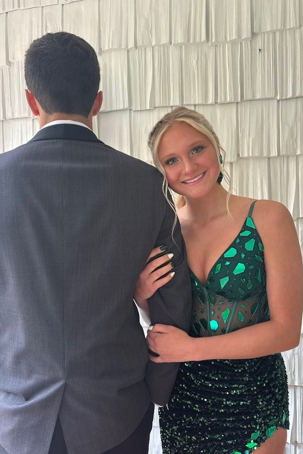 Emerald Green Mermaid Sequins Spaghetti Straps Long Corset Prom Dress with Slit
