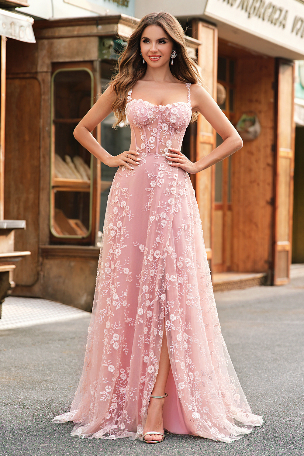Blush Princess Spaghetti Straps Long Corset Prom Dress with Appliques