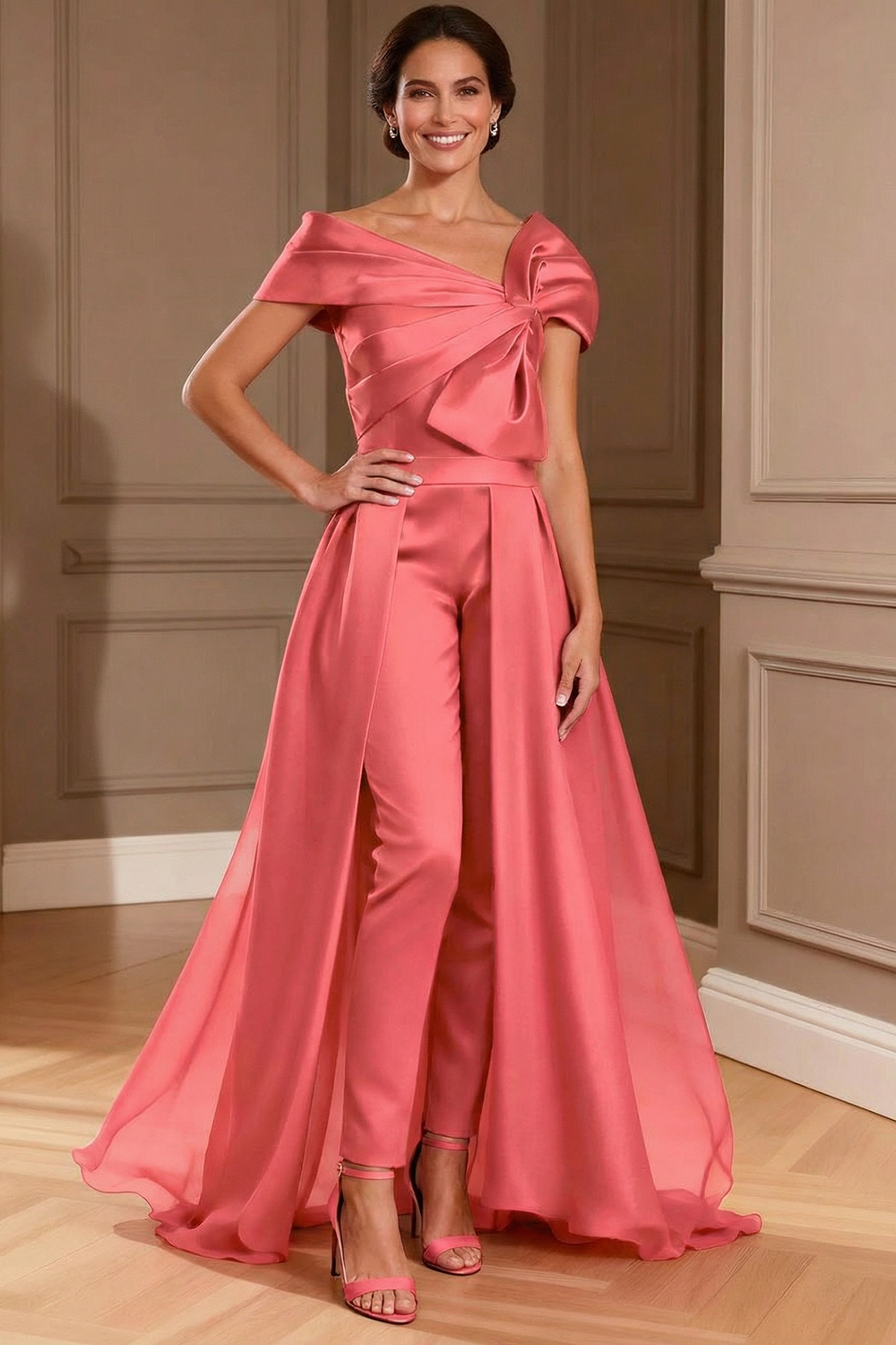 Fuchsia Satin Asymmetrical Neck Mother of the Bride Jumpsuits with Cape