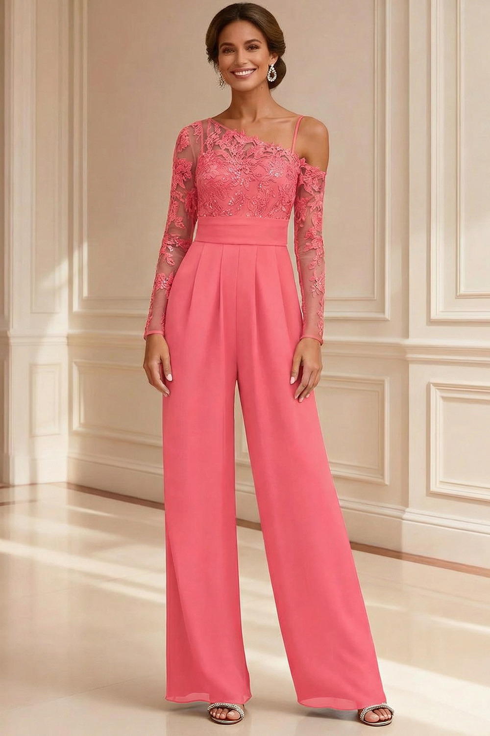 Sparkly Navy Beaded Asymmetrical Neck Mother of the Bride Jumpsuits with Lace