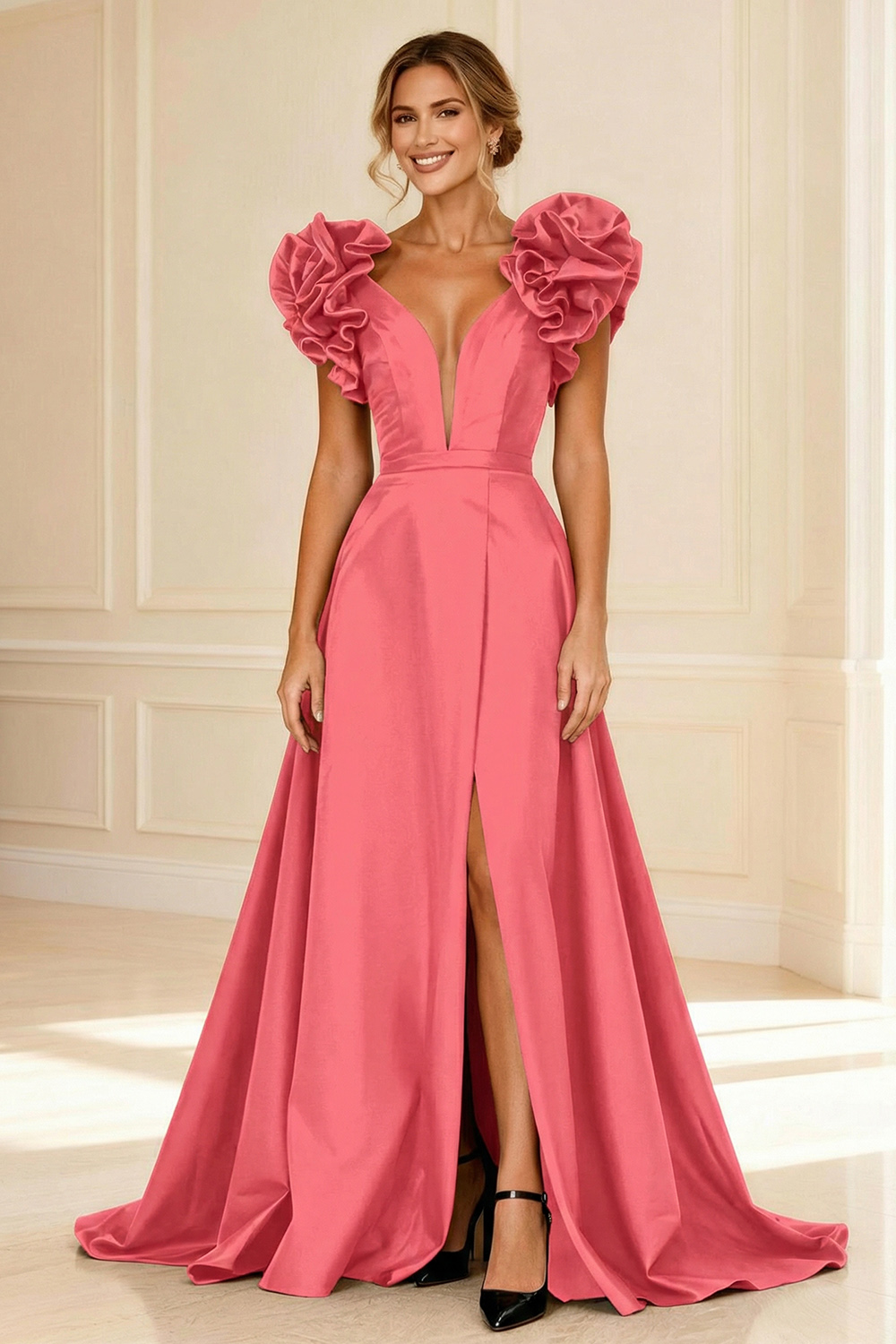 Black A-Line V-Neck Ruffled Long Mother of the Bride Dress