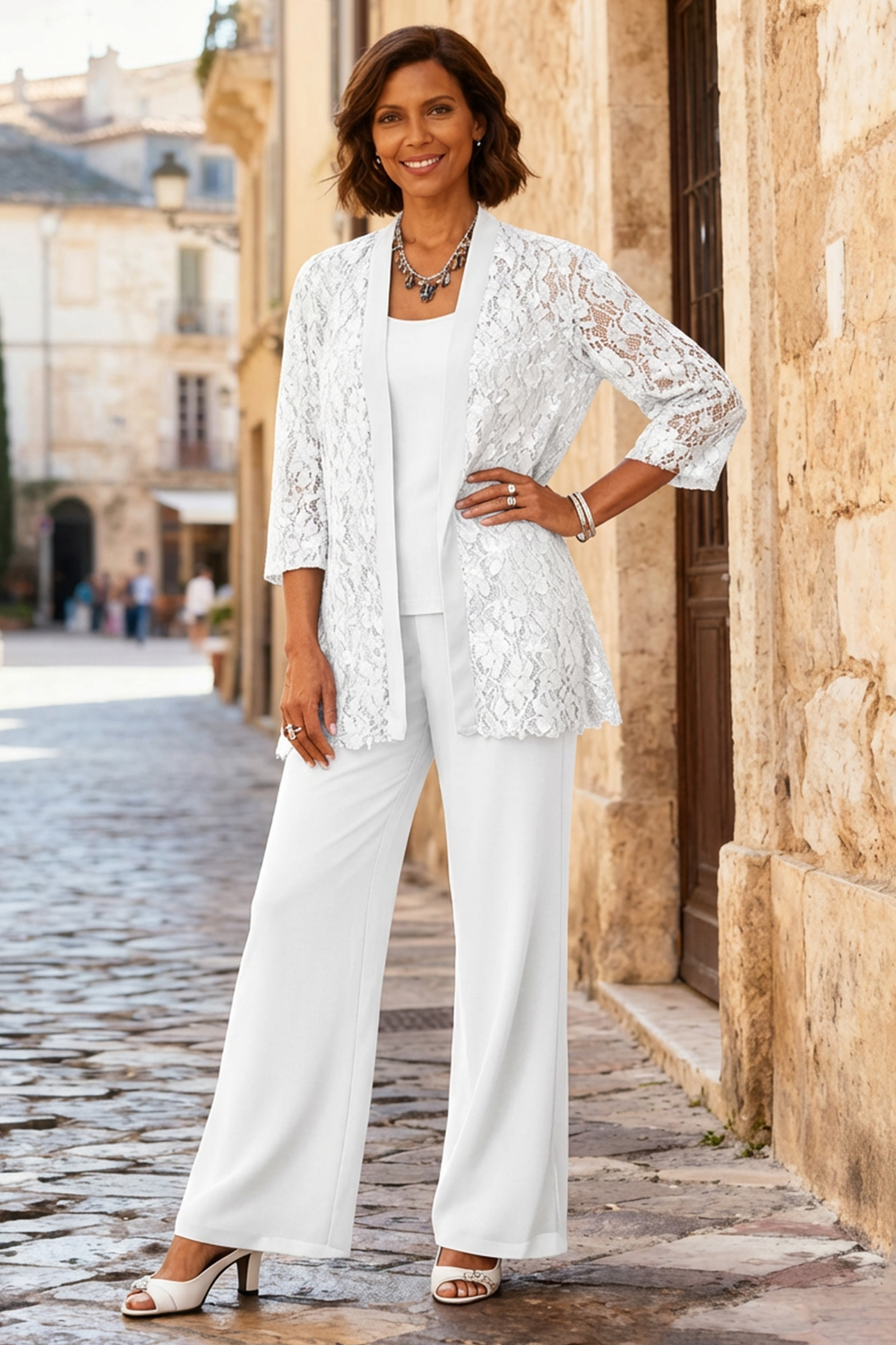 3-Piece Light Grey Round Neck Chiffon Mother of the Bride Pant Suits with Jacket