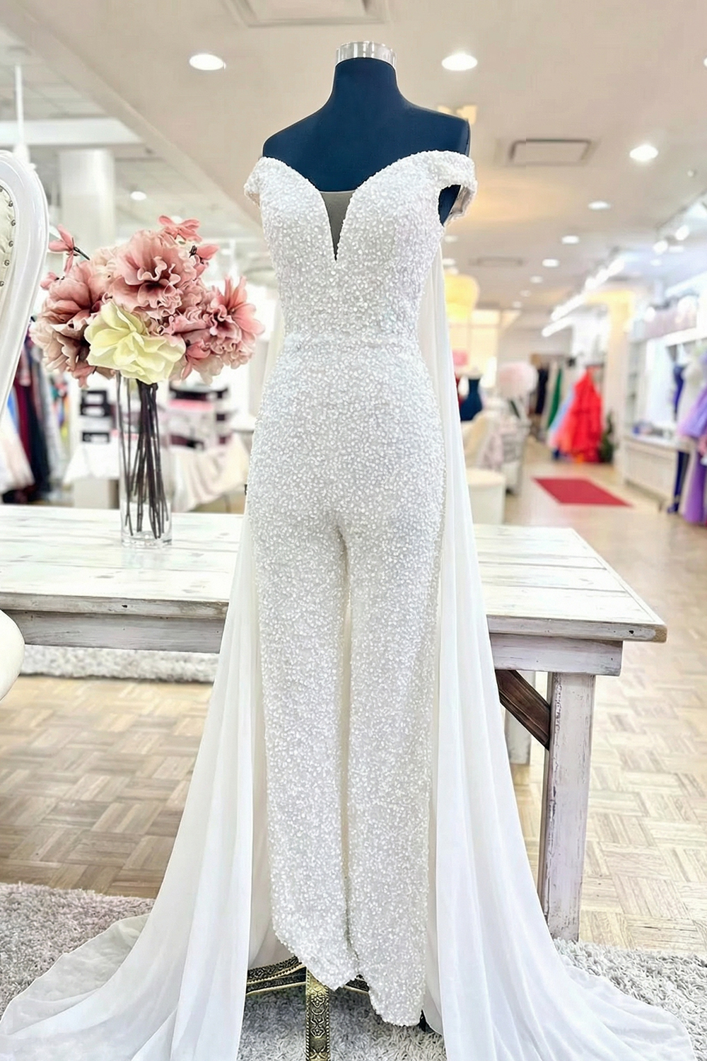 Sparkly Royal Blue Long Sequins Homecoming Jumpsuits with Cape