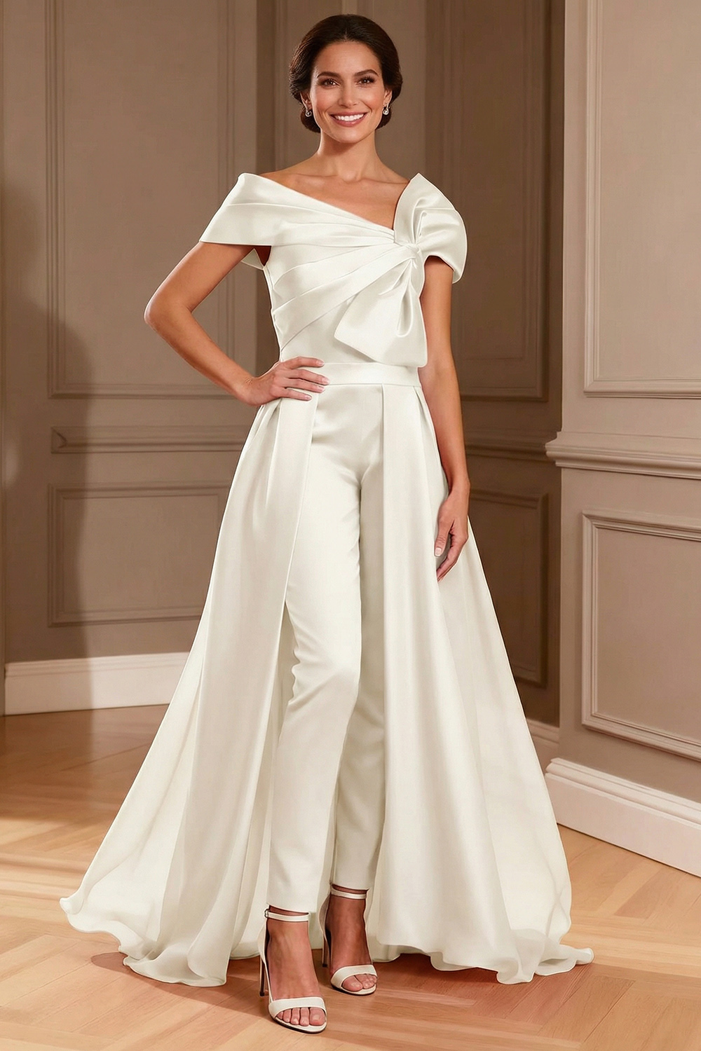 Fuchsia Satin Asymmetrical Neck Mother of the Bride Jumpsuits with Cape