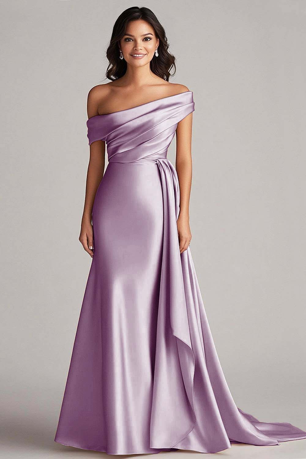 Off the Shoulder Elegant Champagne Long Formal Dress with Side Cape