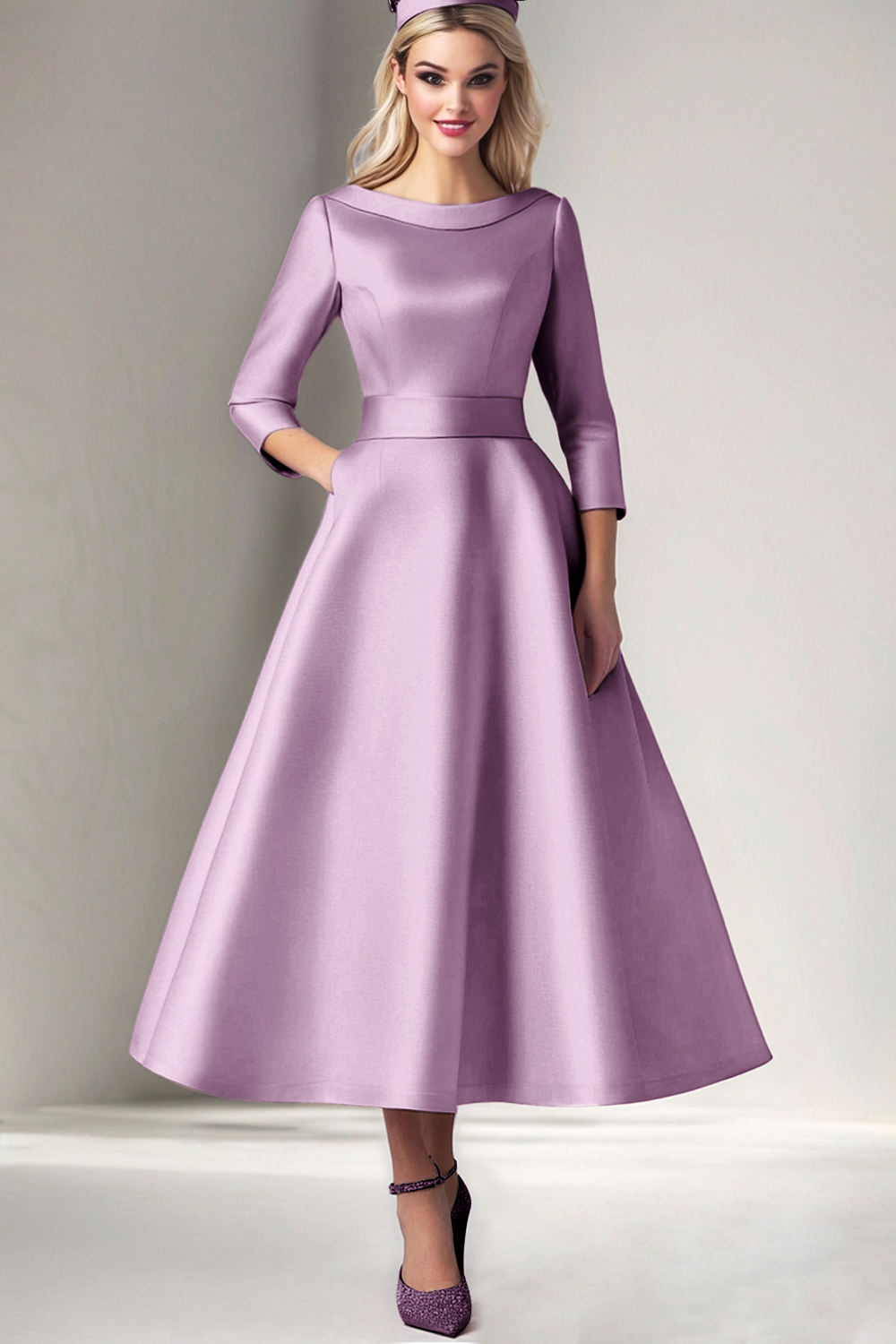 Pink Boat Neck A-Line Satin Tea Length Mother of the Bride Dress with 3/4 Sleeves