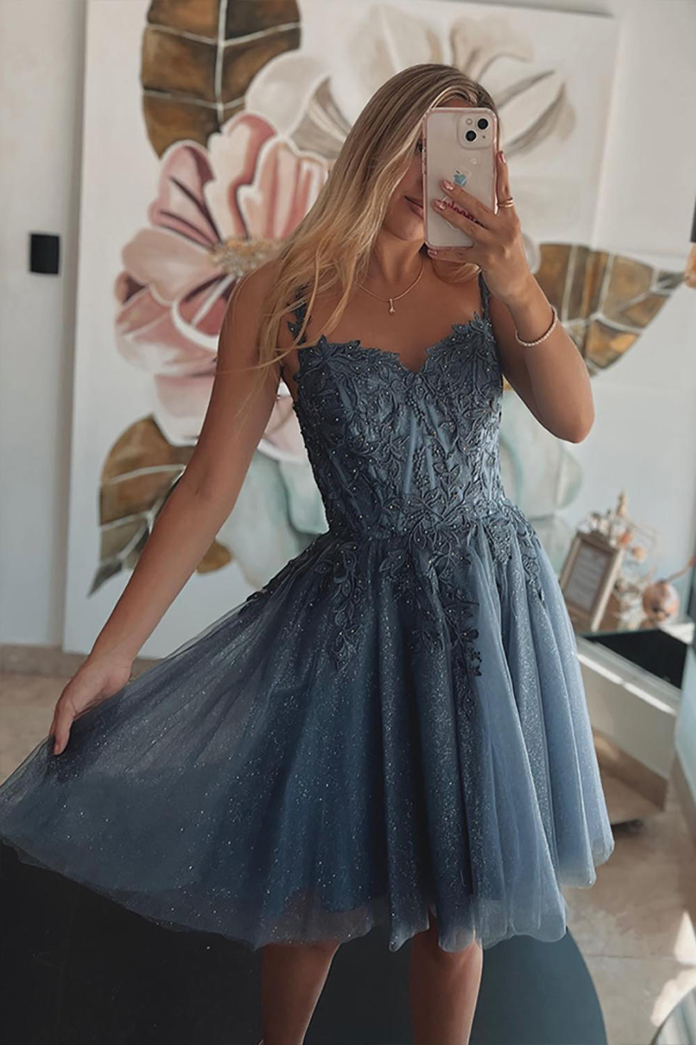 A Line Off the Shoulder Pink Short Homecoming Dress with Appliques