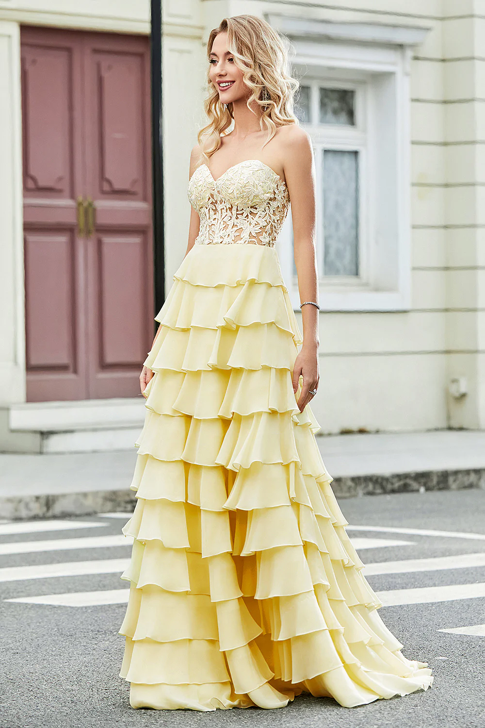 Yellow A Line Sweetheart Corset Prom Dress with Appliques Ruffles