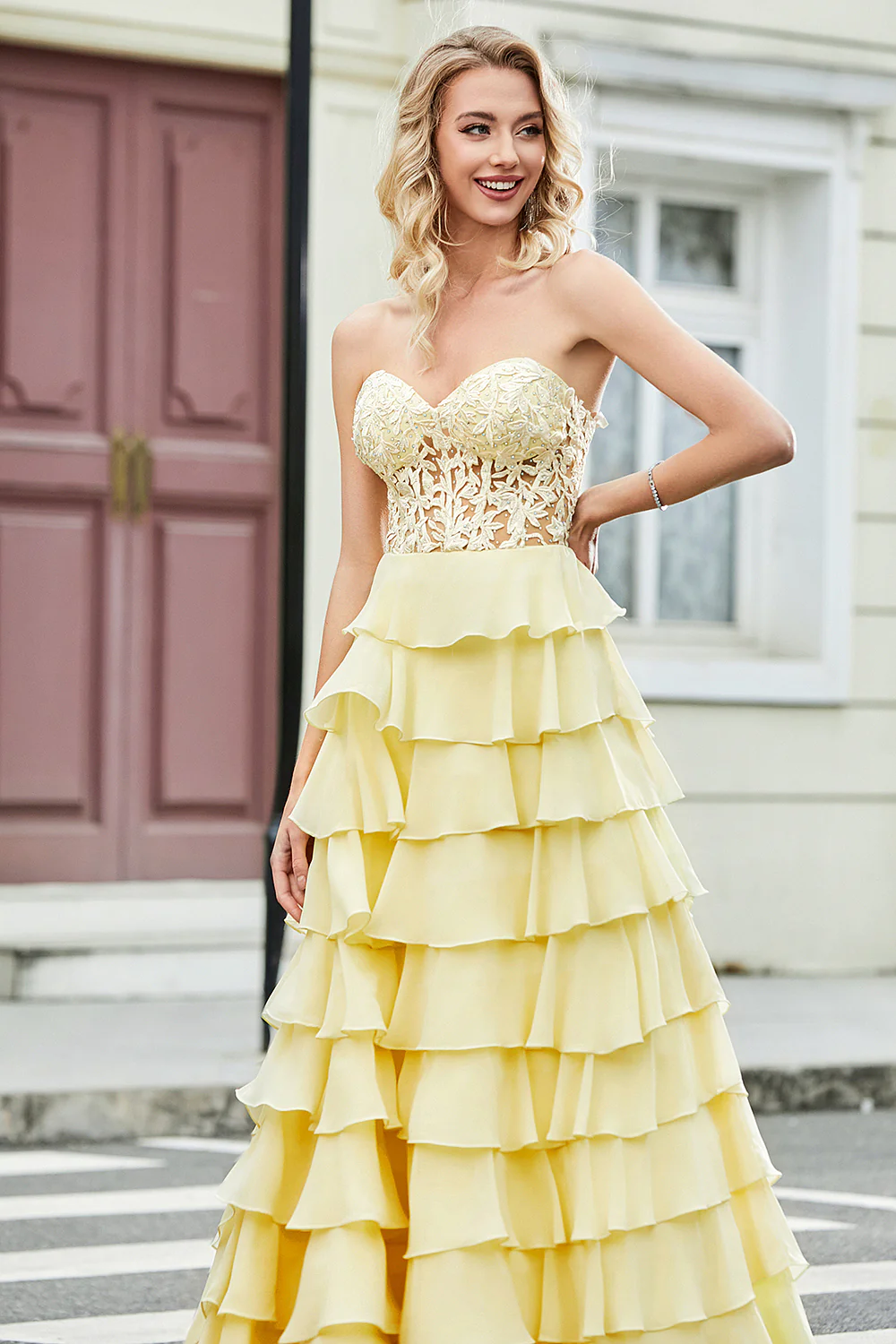 Yellow A Line Sweetheart Corset Prom Dress with Appliques Ruffles