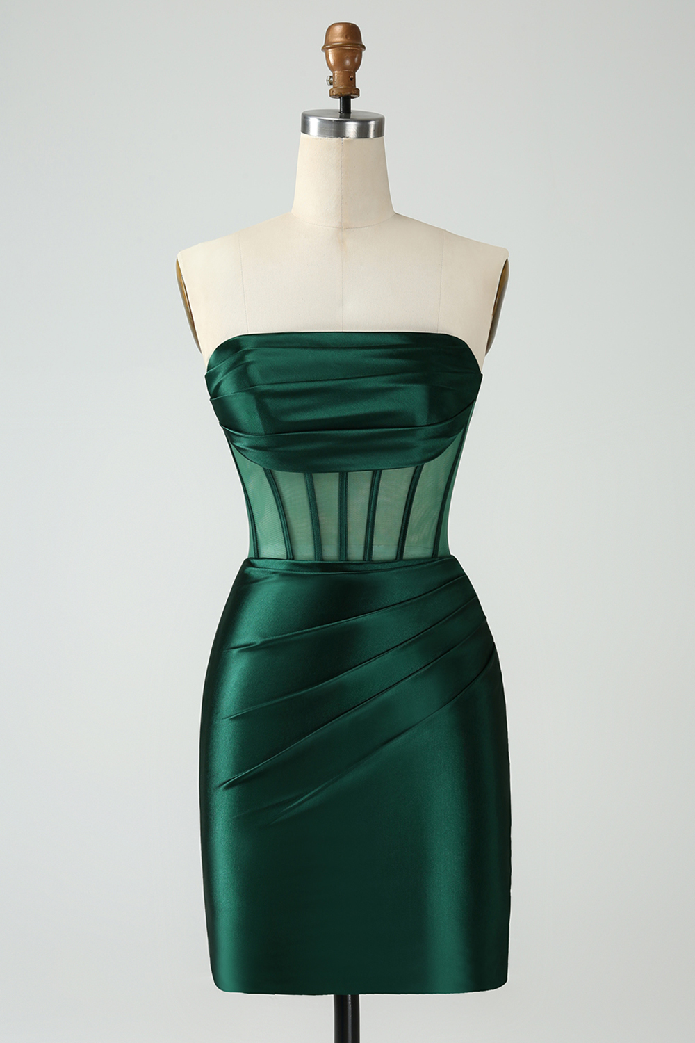 Dark Green Strapless Bodycon Satin Ruched Corset Short Homecoming Dress 