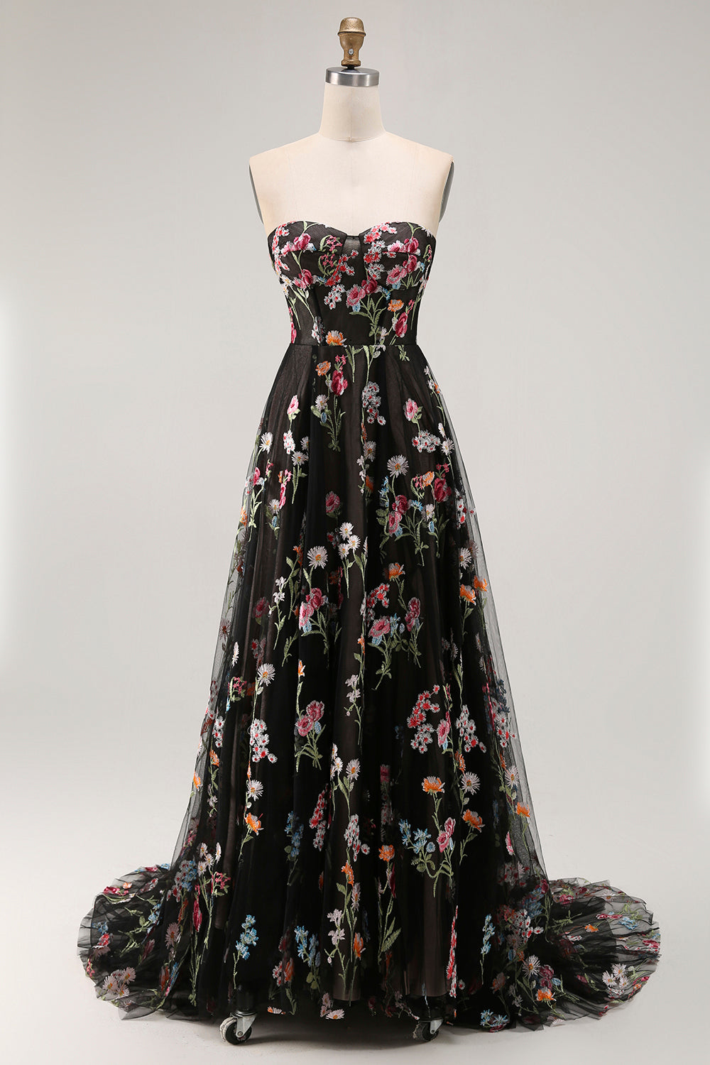 Floral Black A-Line Sweetheart Long Prom Dress