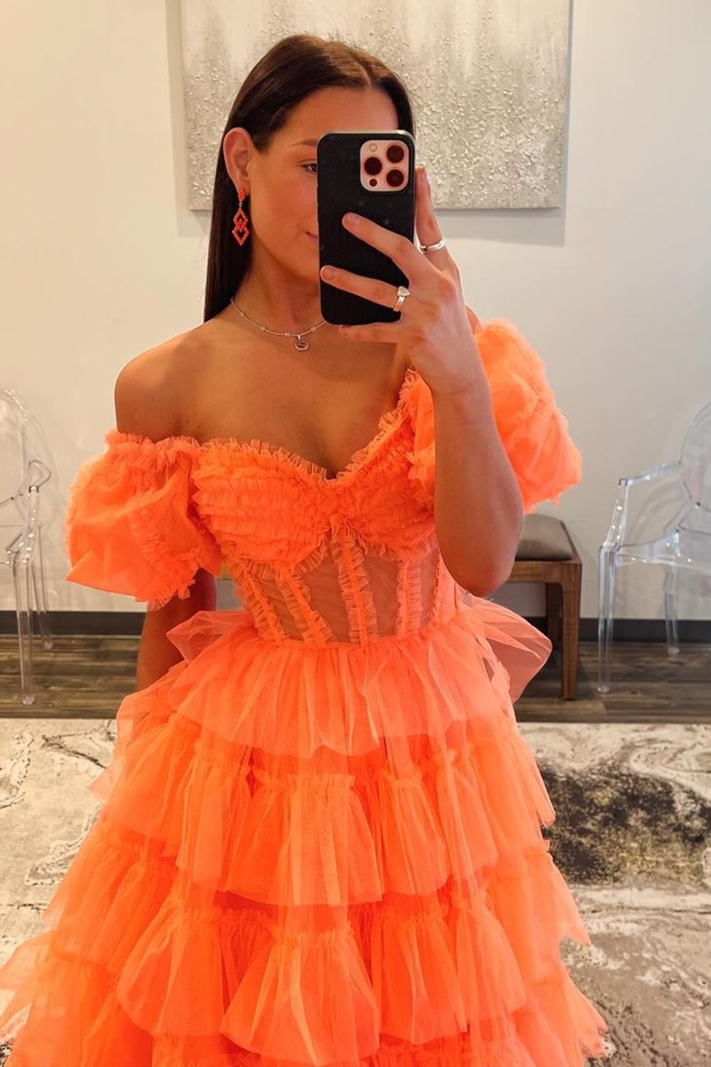 Orange Off the Shoulder A-Line Tulle Tiered Long Corset Prom Dress with Slit